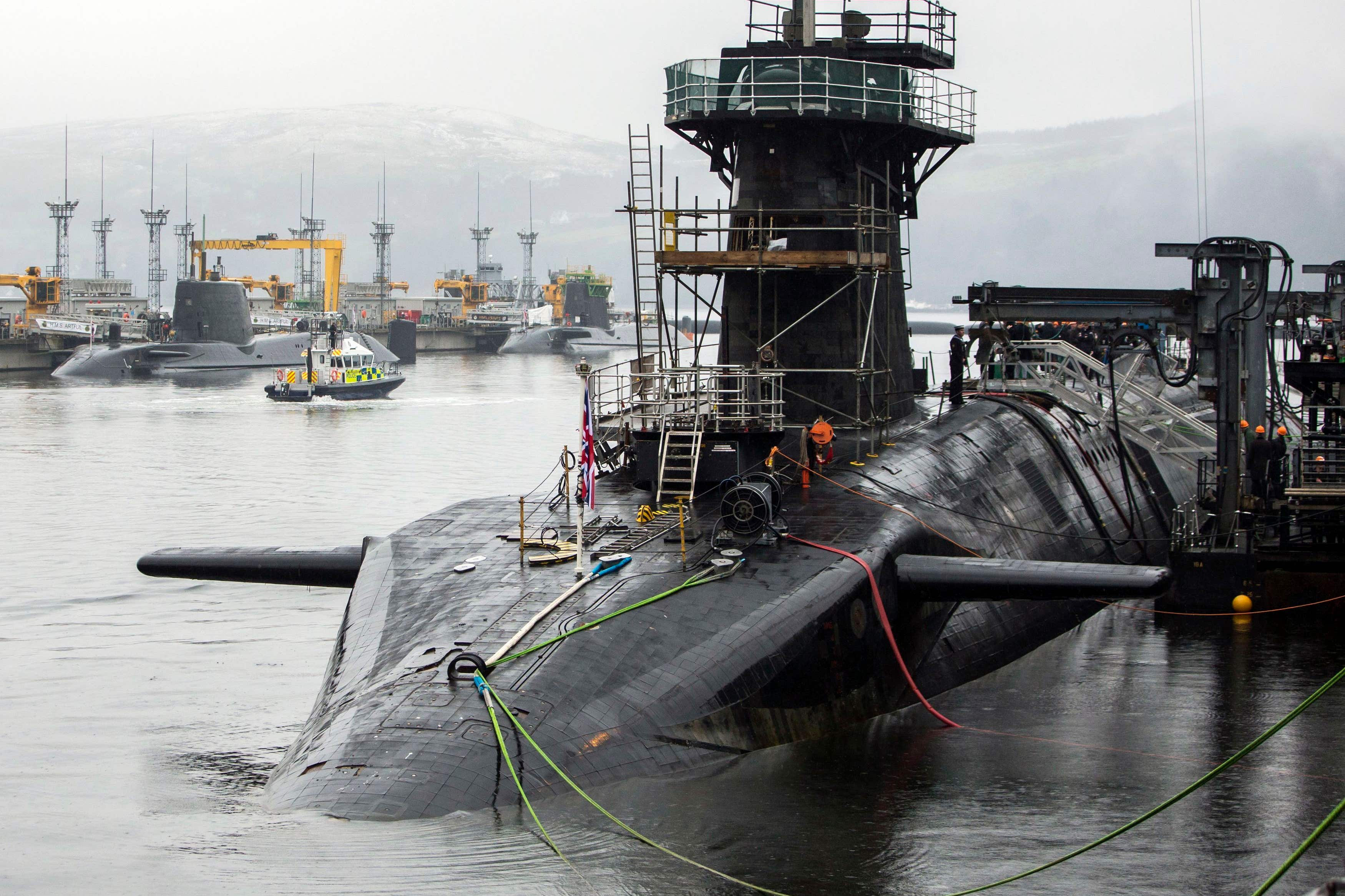 Vanguard-class submarine HMS Vigilant, one of the UK’s four nuclear warhead-carrying submarines, at HM Naval Base Clyde