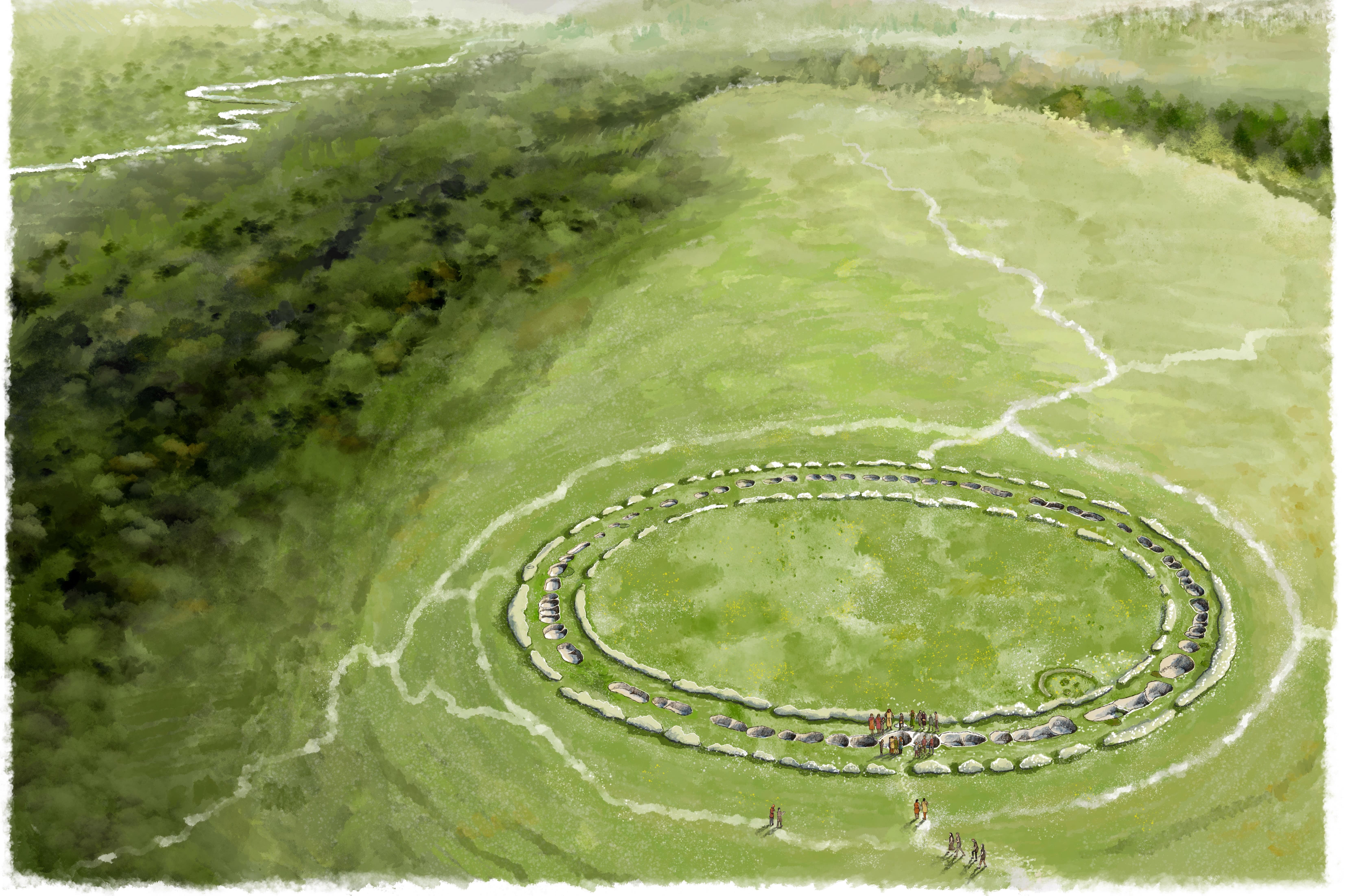 A reconstruction of the Flagstones enclosure seen shortly after construction in the middle Neolithic period
