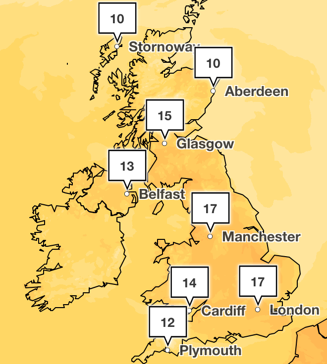 The Met Office is predicting temperatures of 17C in London and Manchester at 3pm on Saturday