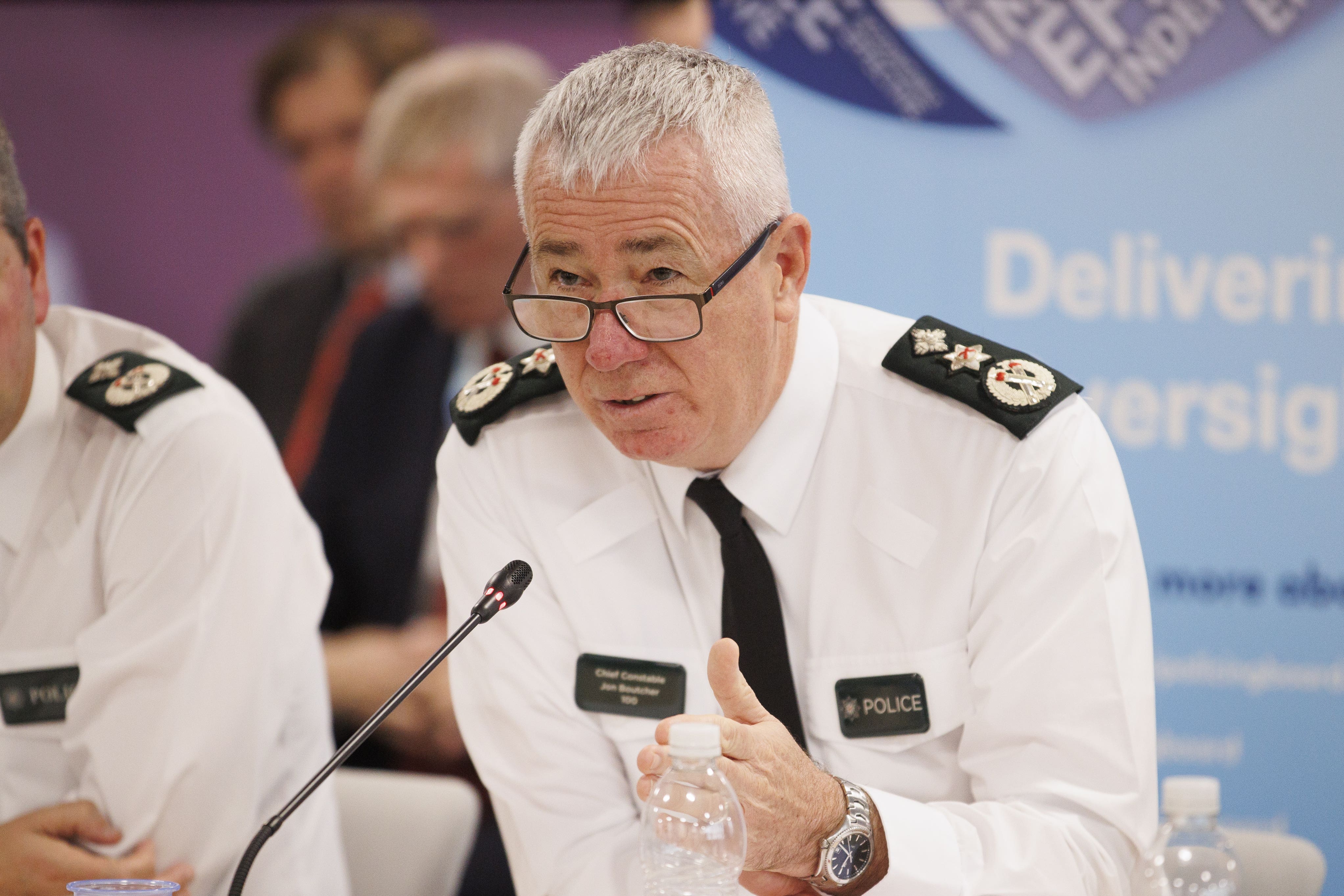 Police Service of Northern Ireland Chief Constable Jon Boutcher during a meeting of the Northern Ireland Policing Board in Belfast (Liam McBurney/PA)
