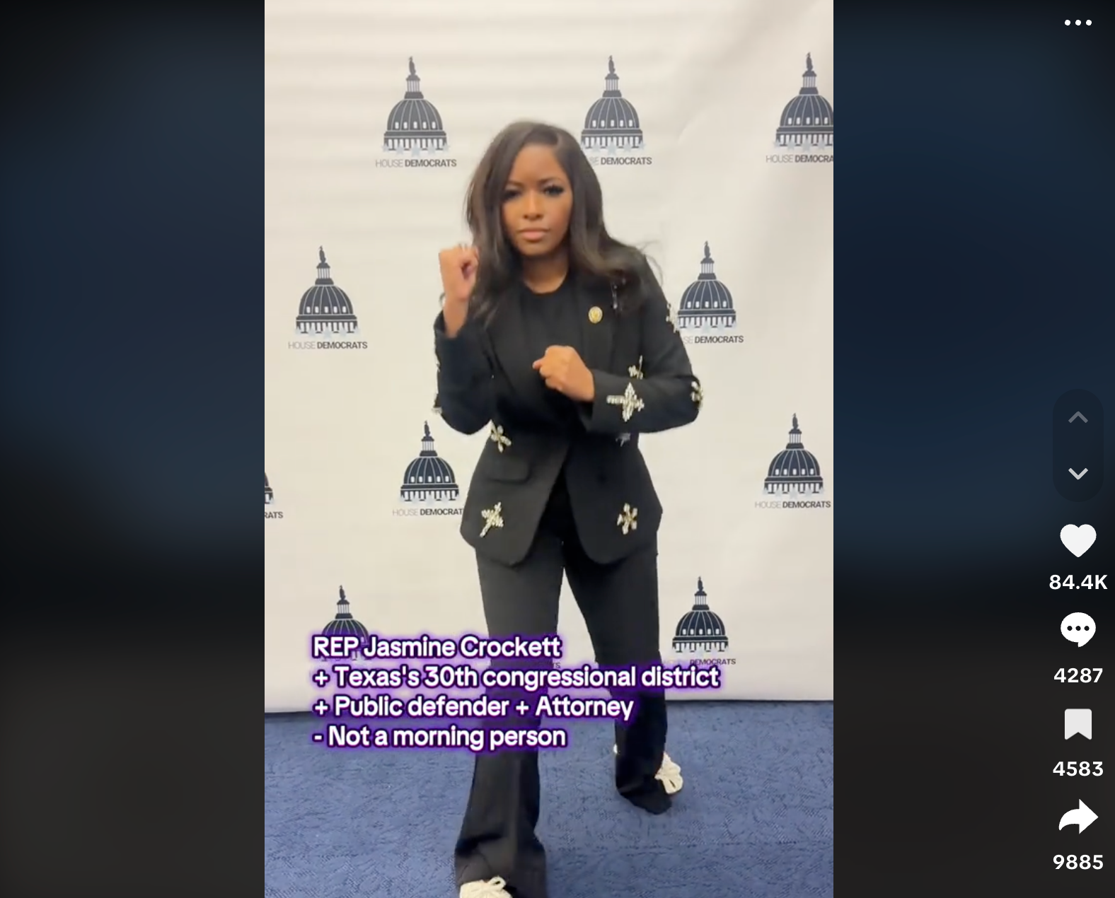 Jasmine Crockett features in the TikTok, where one of her attributes is that she’s ‘not a morning person’. There were strong reactions on social media to the video