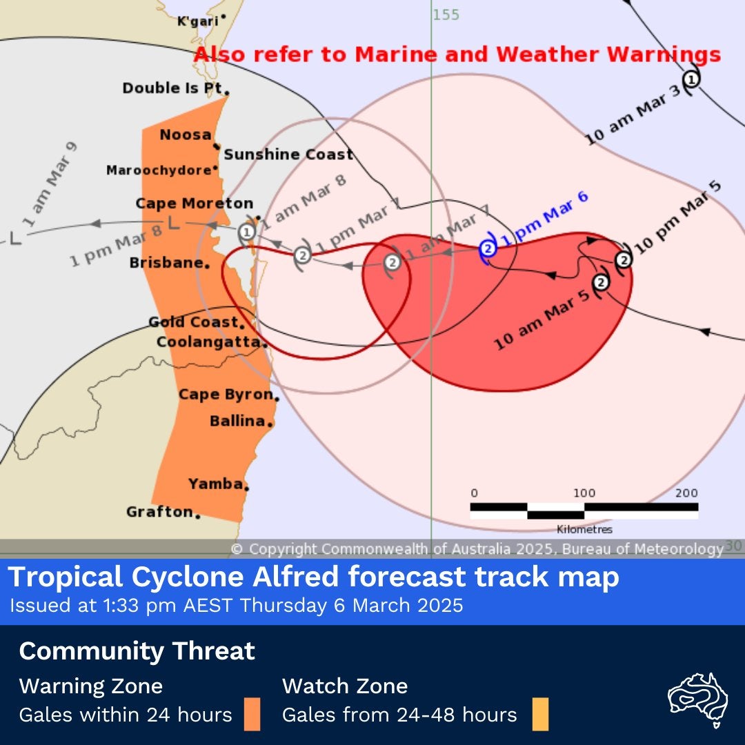 Map shows position, path and arrival time of Cyclone Alfred