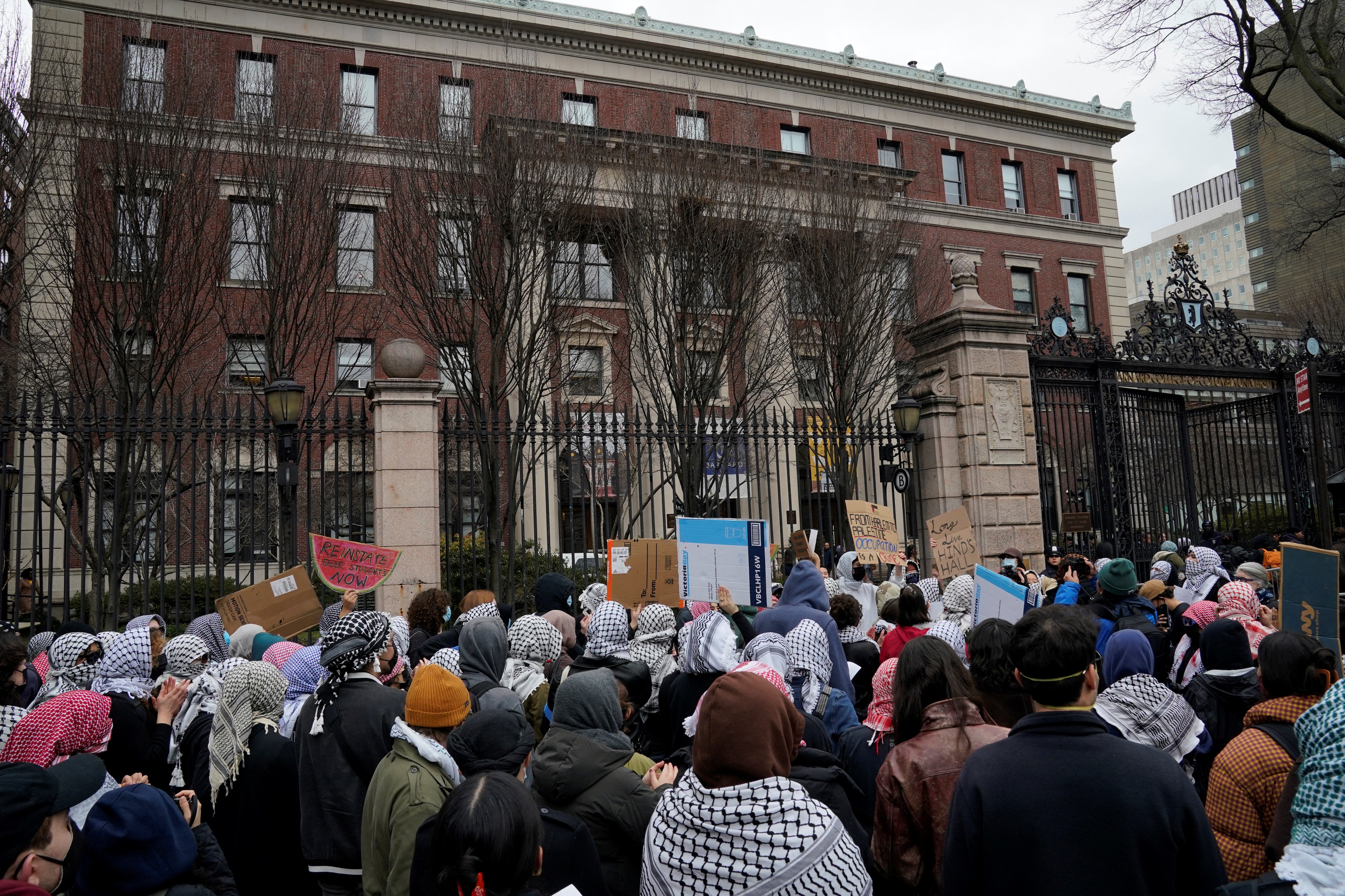 Pro-Palestinian student protesters outside Barnard College on February 27