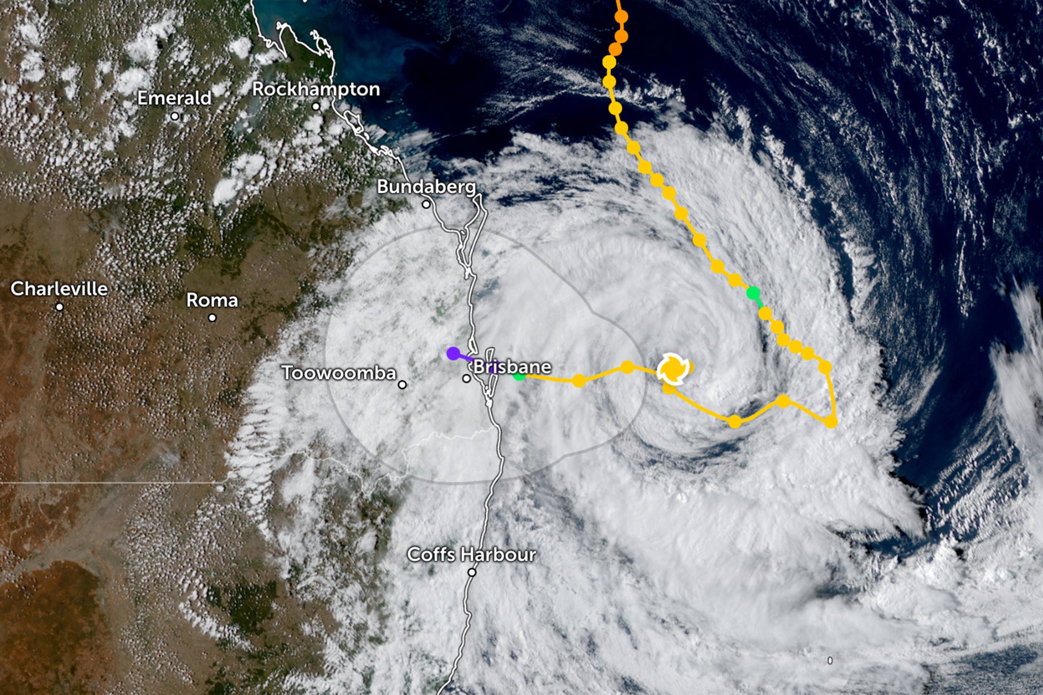 Cyclone Alfred path and location as seen on 5 March off Australia's east coast by Brisbane cyclone