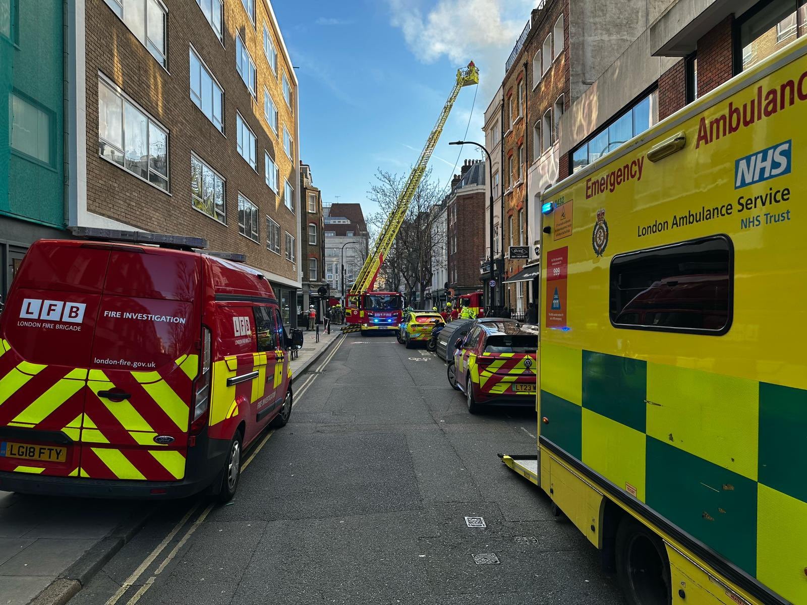 Around 40 firefighters battled to extinguish the huge fire at a mixed-use building on Tottenham Street in Euston