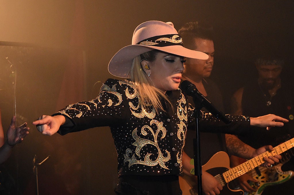 Lady Gaga, wearing one of her 'Joanne' hats, in 2016