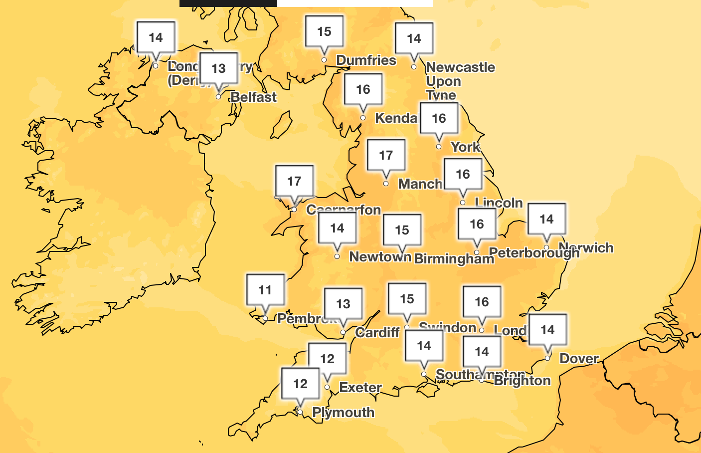 On Saturday, central parts of the UK, and as far north as Cumbria, will see a high of 19C
