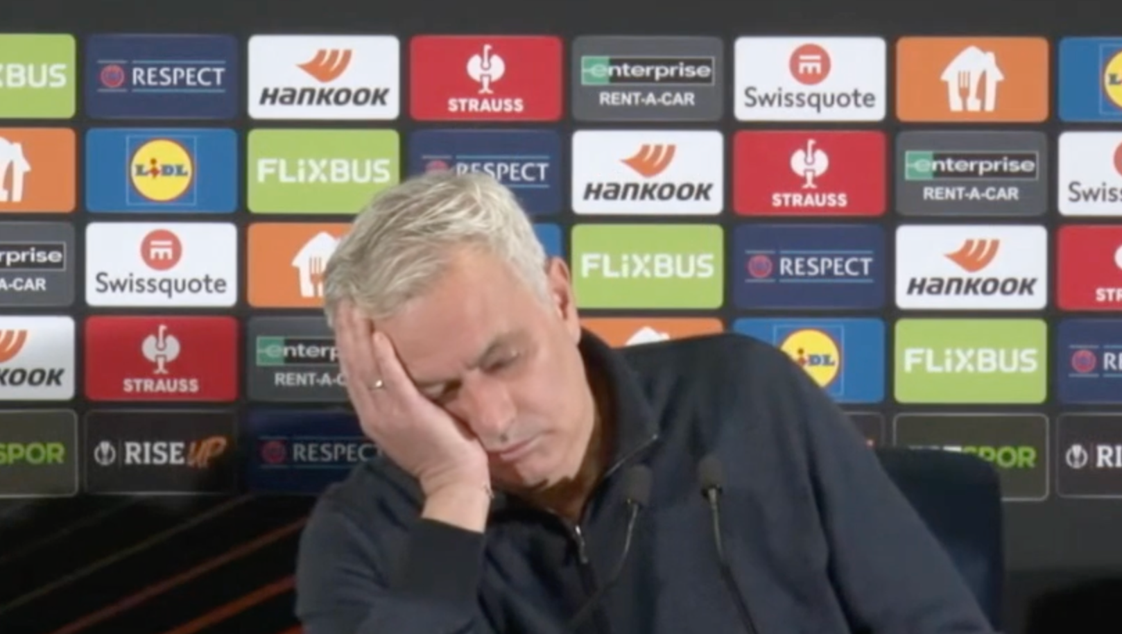 Bored Jose Mourinho pretends to fall asleep at reporter’s almost minute-long question