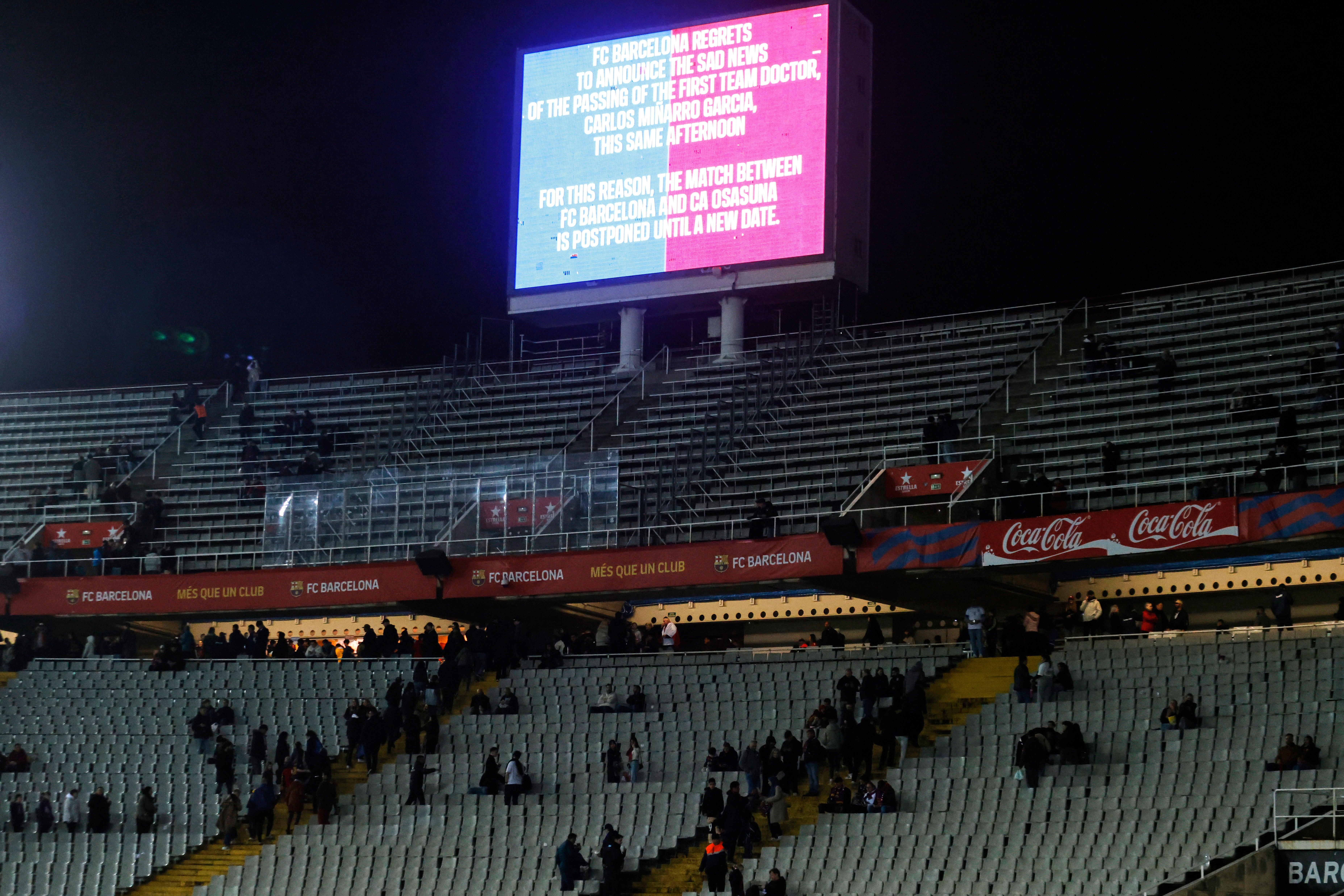A screen informs fans of the postponement of Barcelona’s game with Osasuna