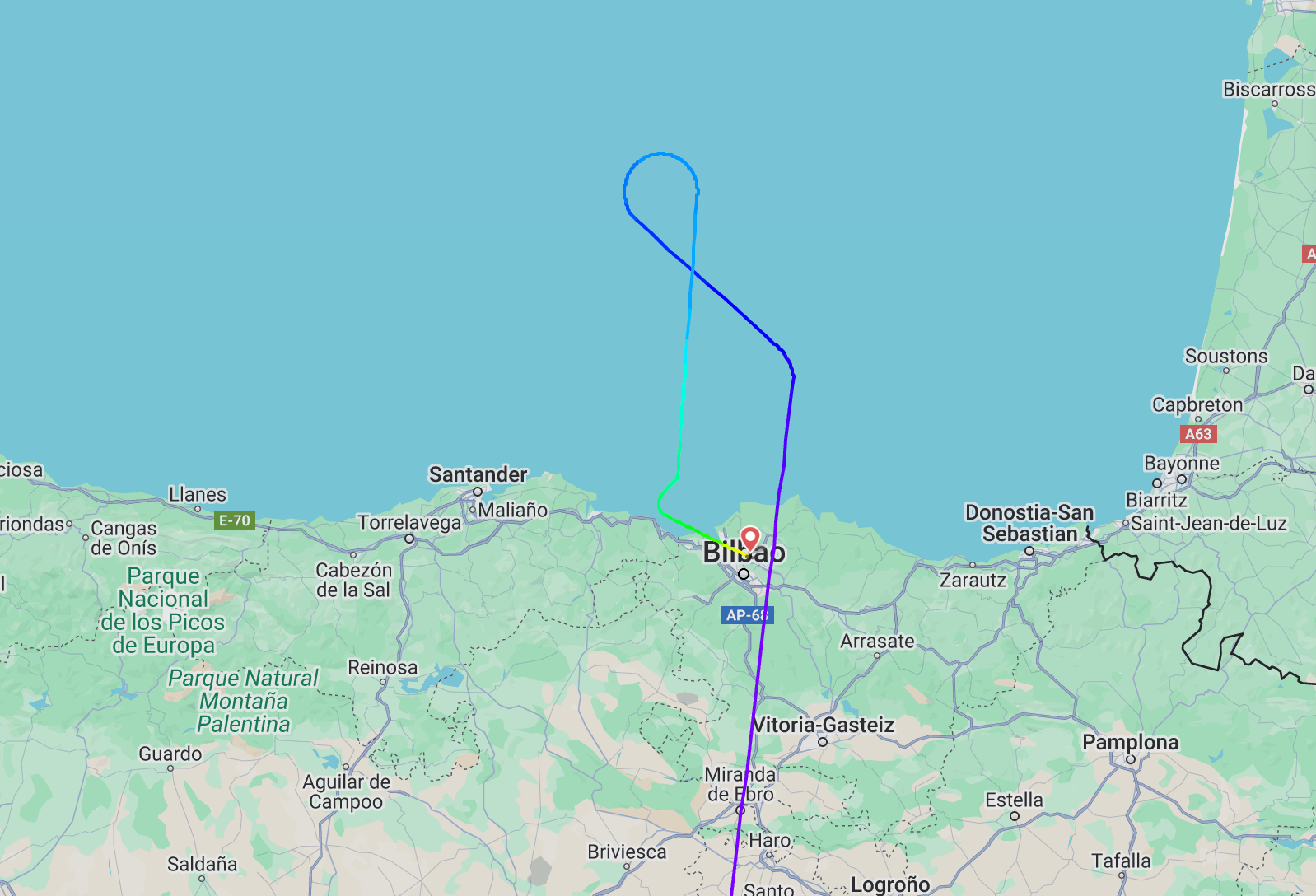 Turning back: Flightpath of Ryanair flight RK3209 from Malaga to Manchester, diverted to Bilbao