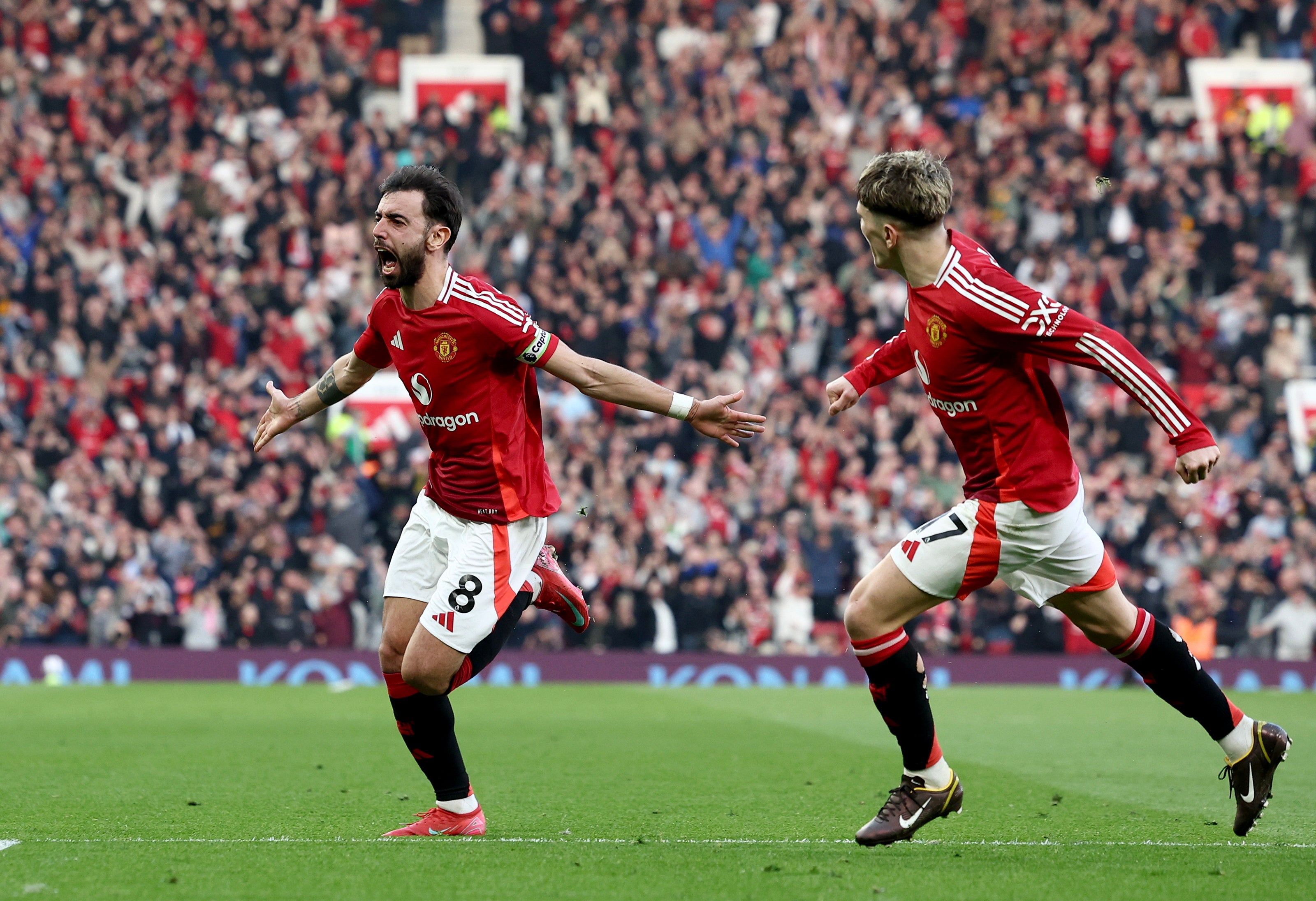 Bruno Fernandes celebrates after scoring a free-kick against Arsenal on Sunday