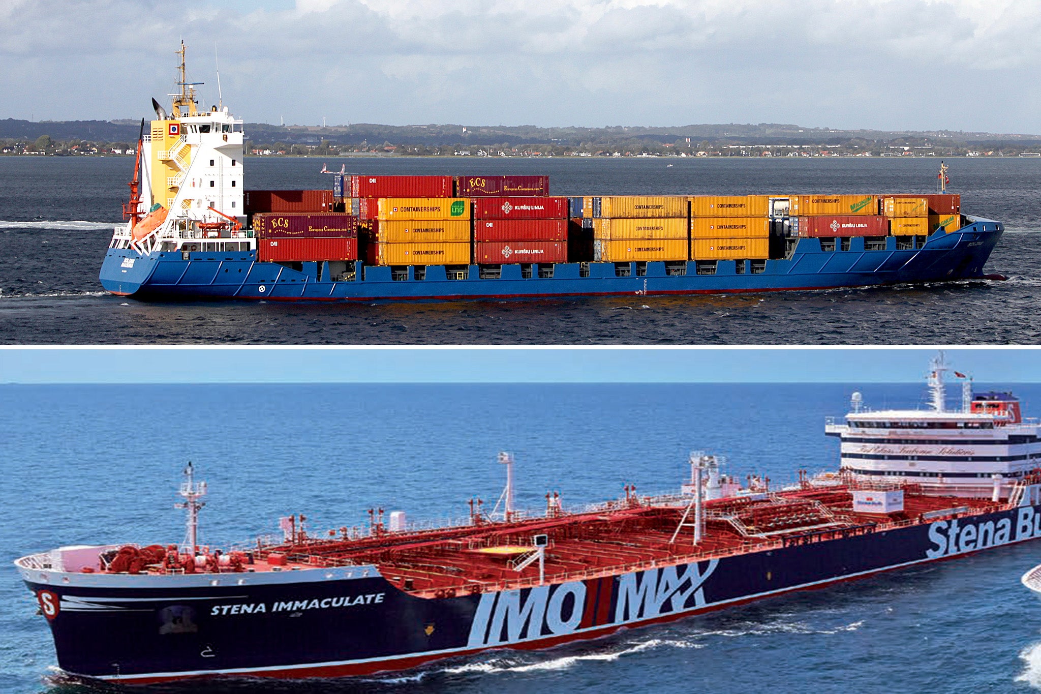 The 140-metre Solong cargo ship, top, and 183-metre Stena Immaculate oil tanker, bottom
