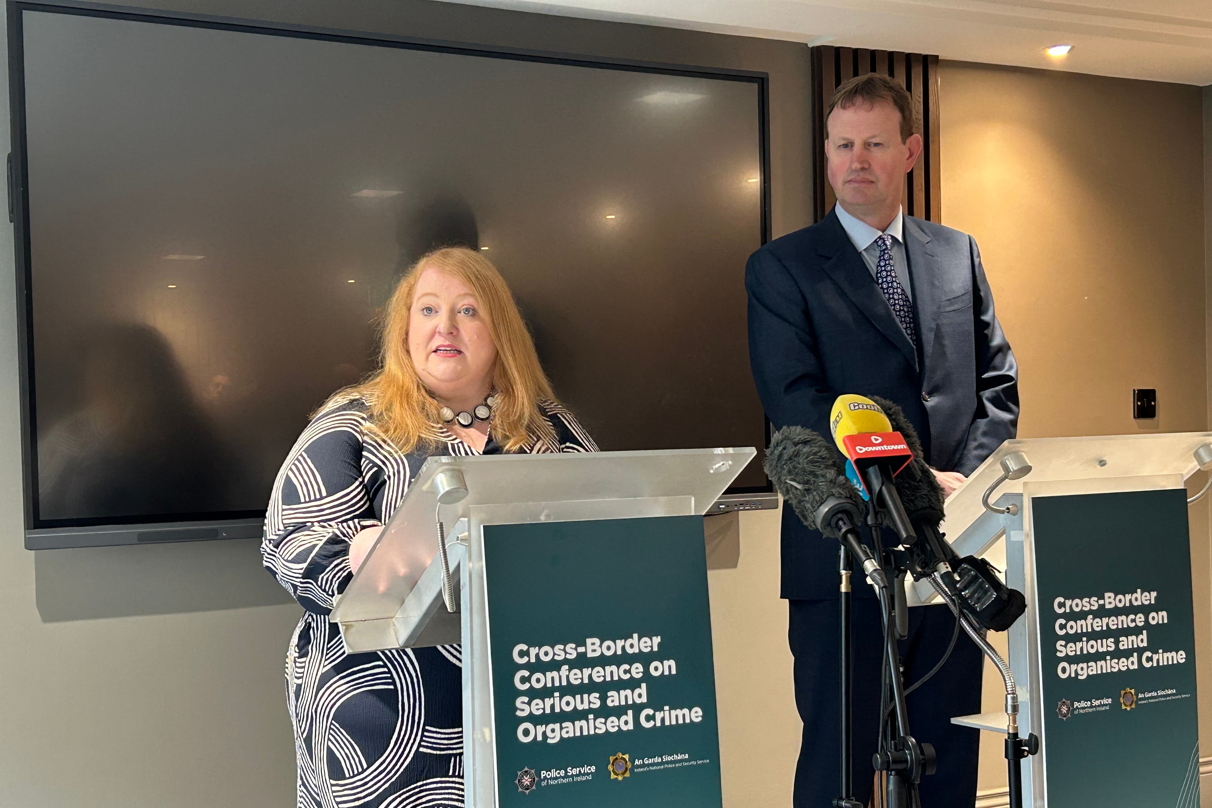 Naomi Long and Jim O’Callaghan attended a conference in Belfast on Monday (Rebecca Black/PA)