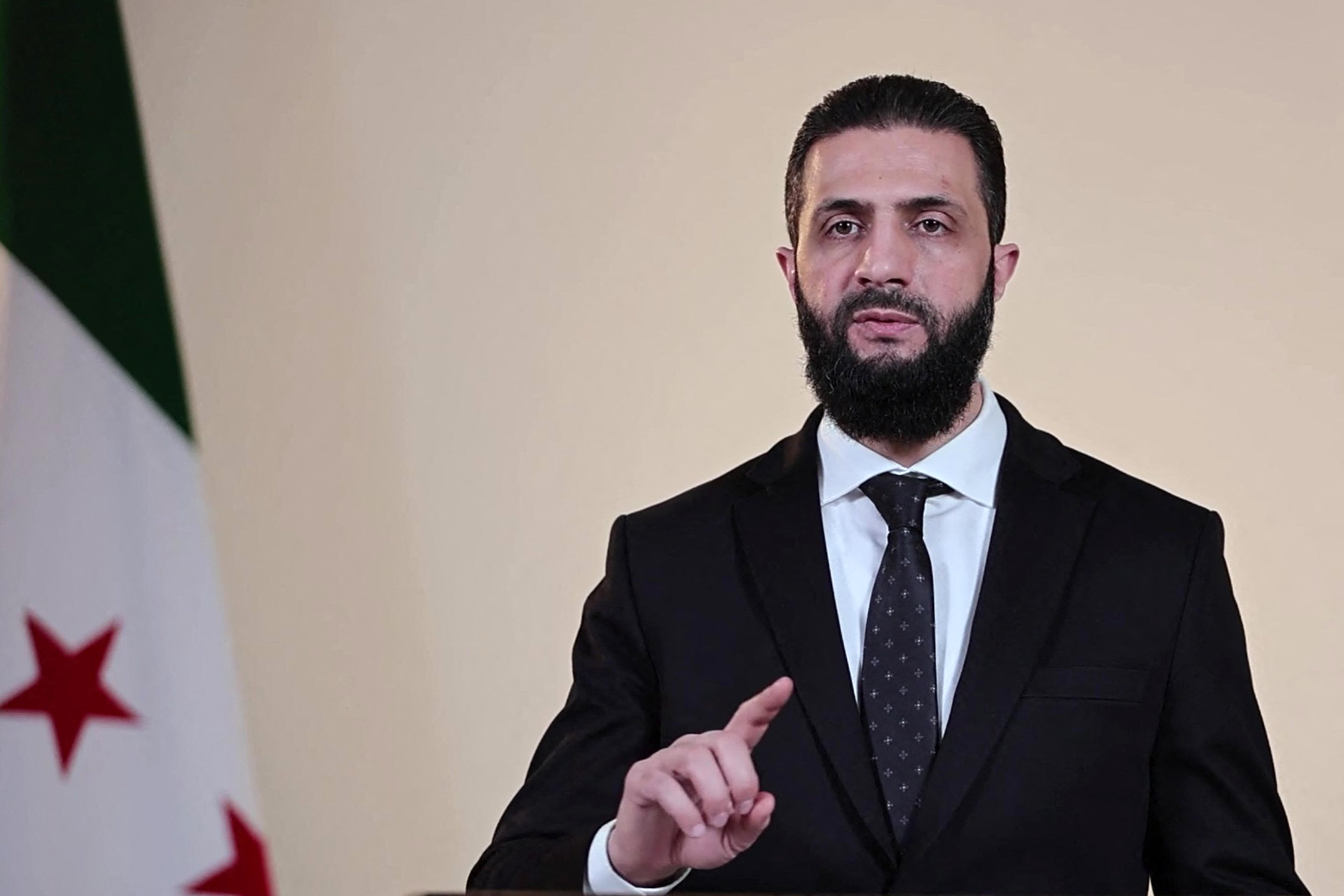 <p>Syrian president Ahmed al-Sharaa speaks in Damascus </p>