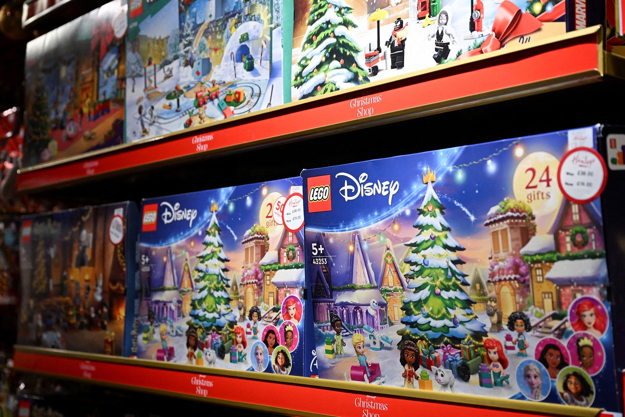 Disney and Lego Toys are displayed at Hamleys in London