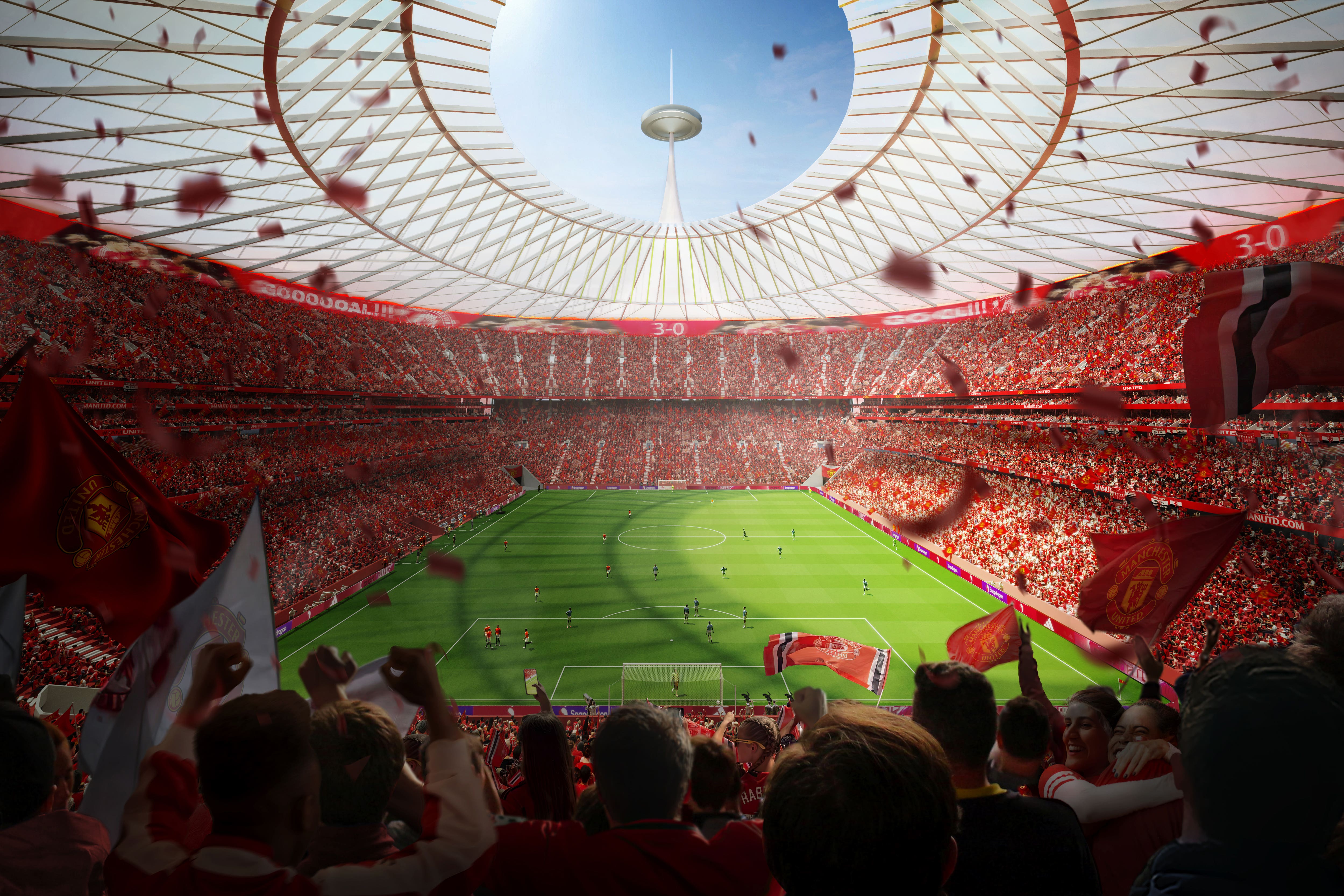 Manchester United unveiled plans for a potential 100,000 seater stadium (Foster + Partners/PA)