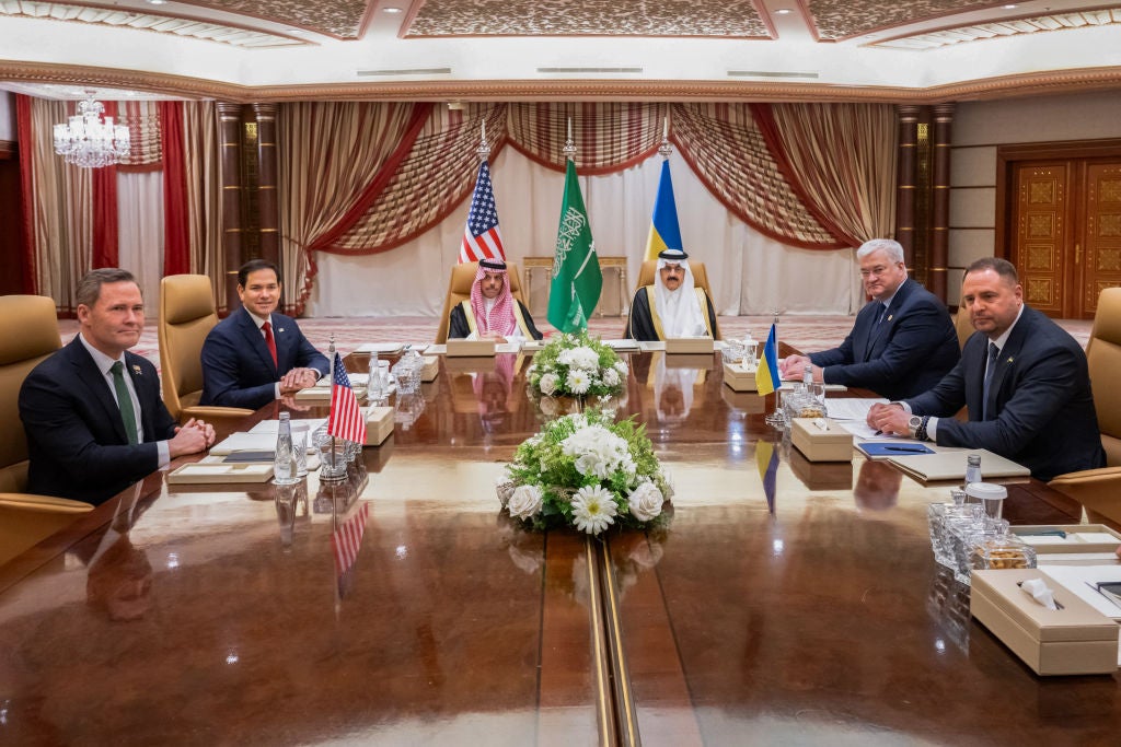 Secretary of State Marco Rubio meets with Ukraine's minister of defense Rustem Umerov in Jeddah, Saudi Arabia, for talks on a ceasefire agreement that will be presented to Russia