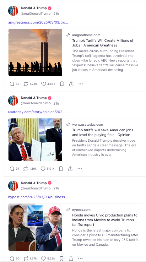 A handful of the positive headlines Trump was posting while stocks plummeted