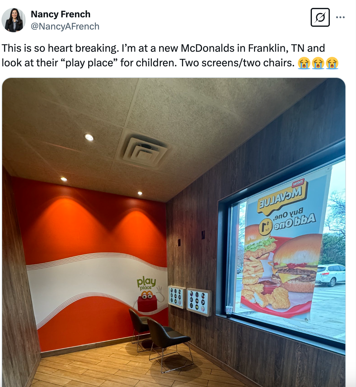 Nancy French expresses her frustrations over a modernized play area at her local McDonald's