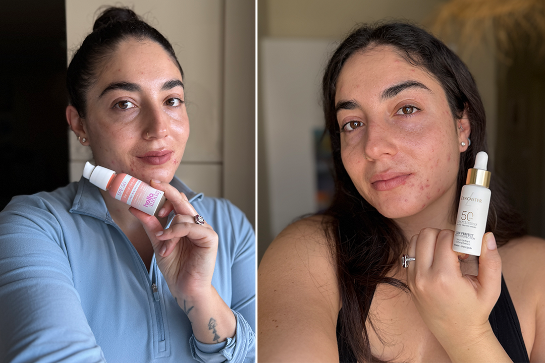 Our tester in action, trying out a range of sunscreens for acne-prone skin