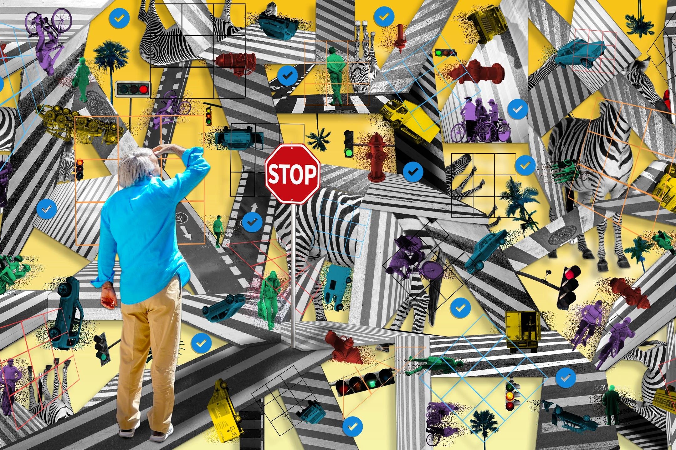 <p>A collage picturing a chaotic intersection filled with reCAPTCHA items like crosswalks, fire hydrants and traffic lights</p>
