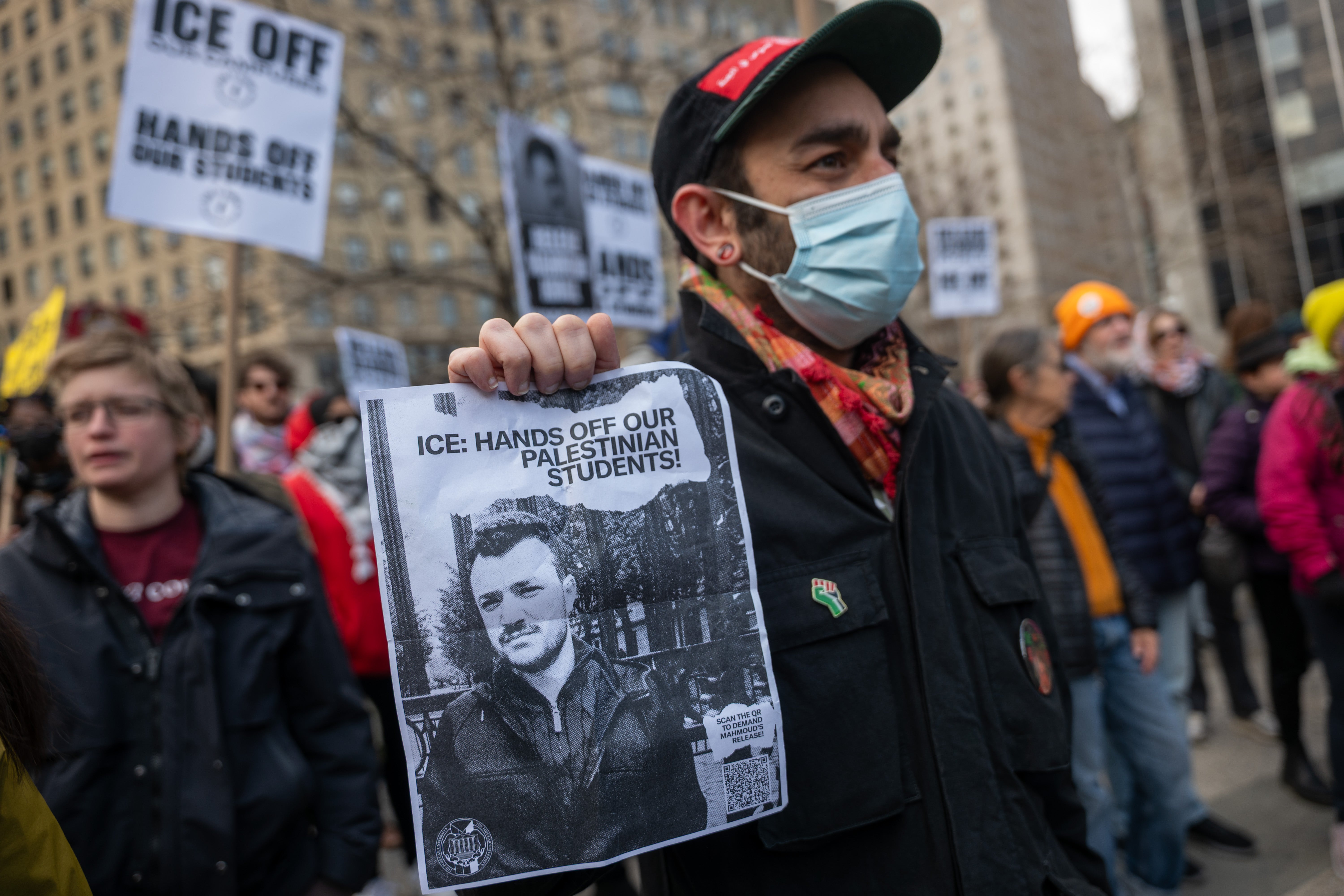 Hundreds protest outside a New York court over the arrest and detention of Khalil