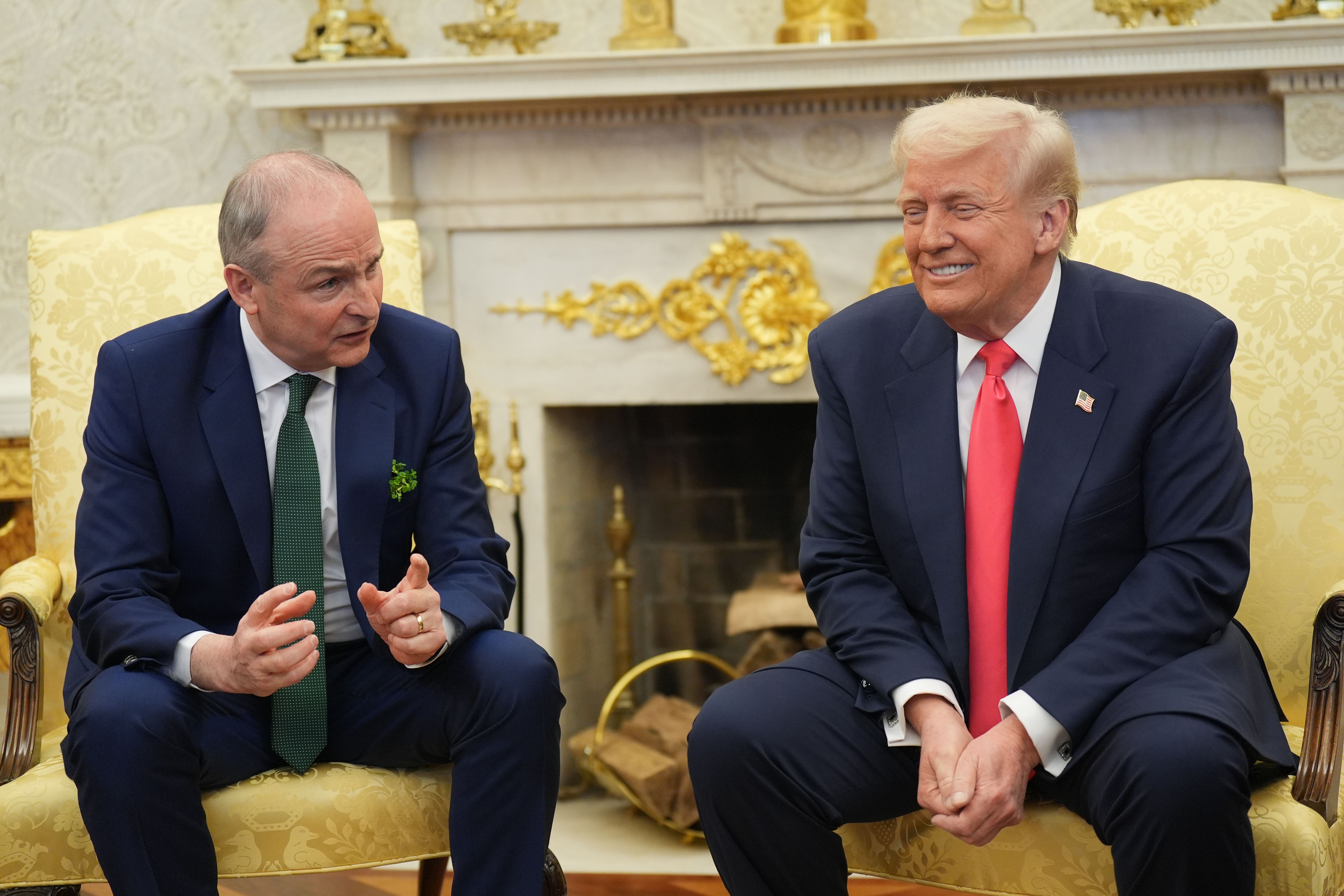 Taoiseach Micheal Martin during a bilateral meeting with US President Donald Trump ahead of the White House St Patrick’s Day reception in Washington DC (Niall Carson/PA)