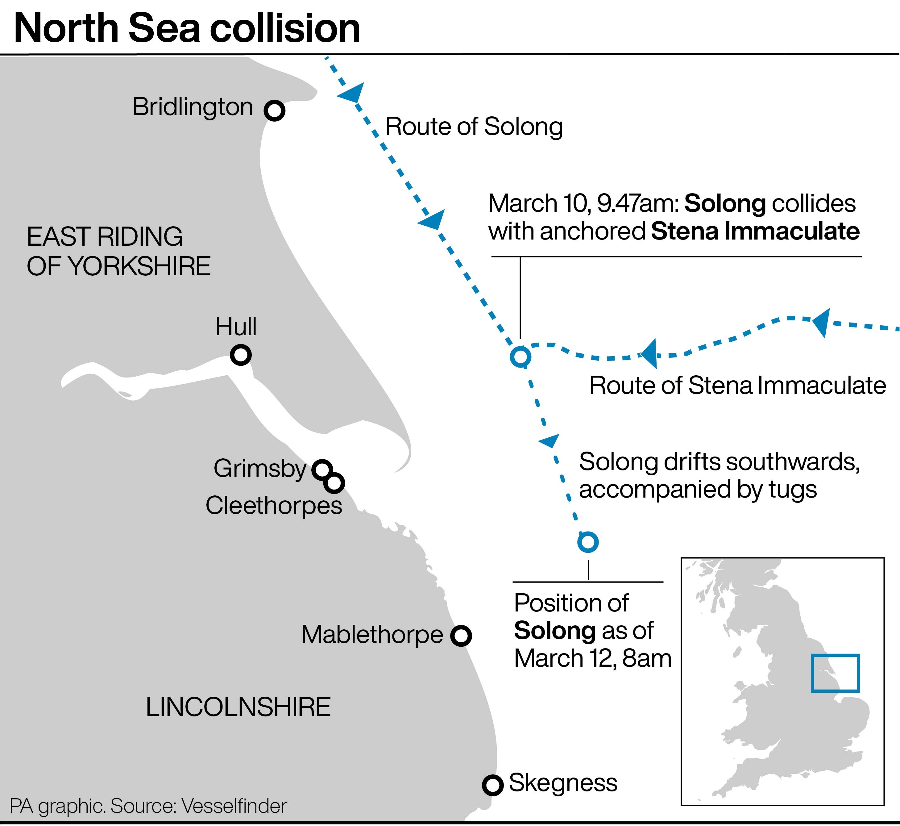 A graphic showing the route of the MV Solong ahead of the collision