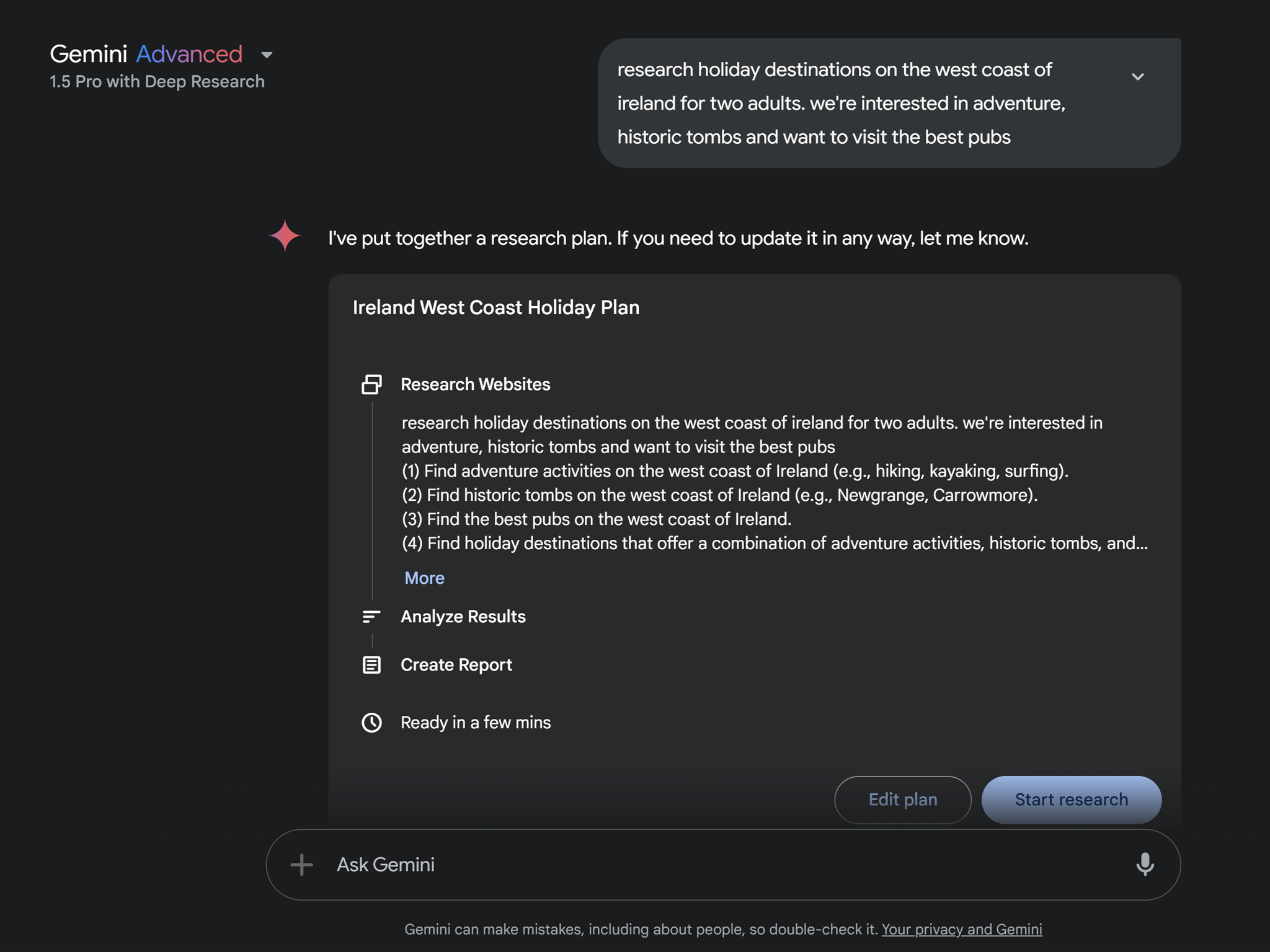 Gemini Deep Research in action – the tool was previously only available to paying subscribers