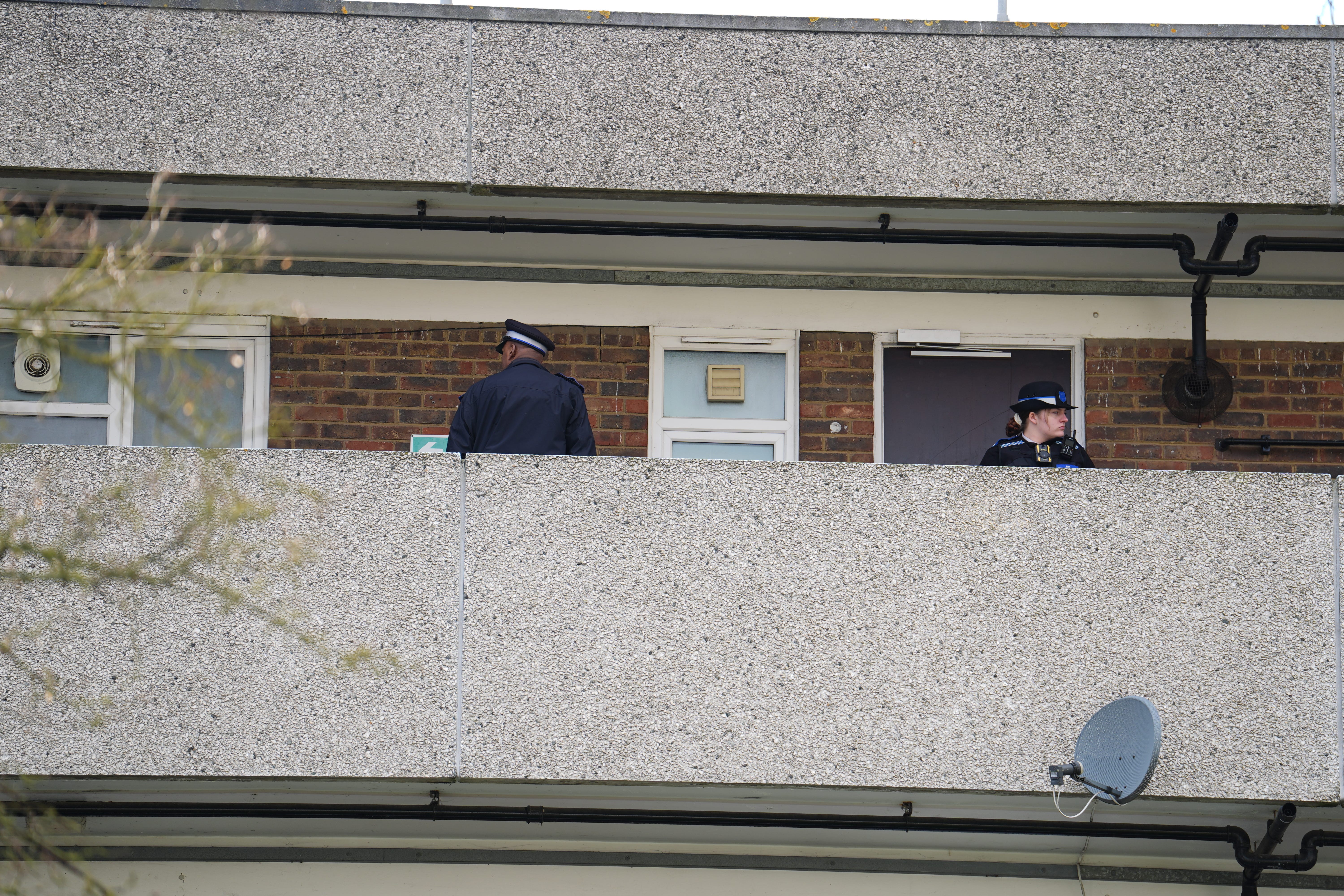 Police officers at Buckwheat Court in Abbey Wood (Jordan Pettitt/PA)