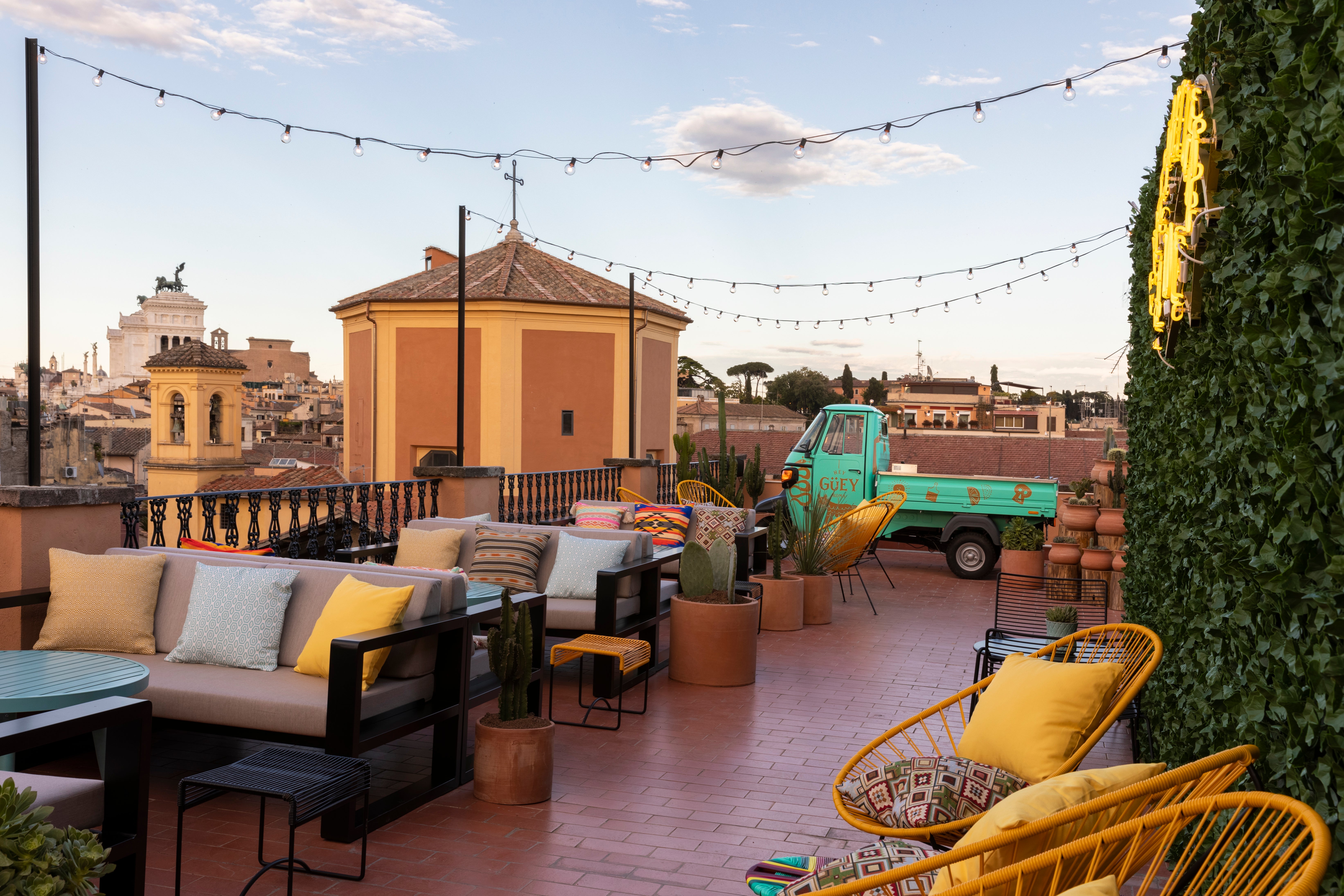 Chapter Roma’s Mexican-inspired terrace overlooks the many domes and Roman roofs of the city