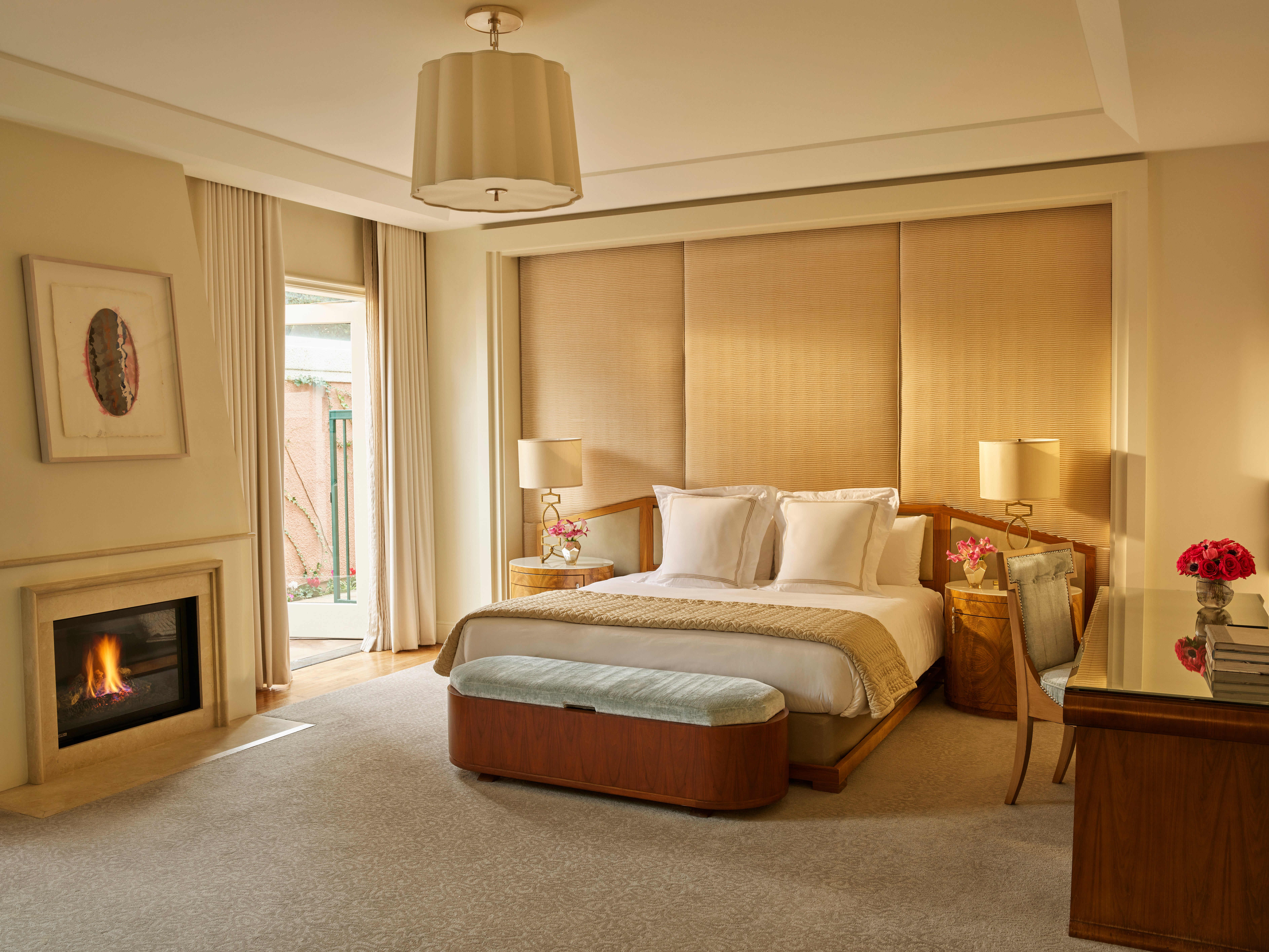 The Presidential Bungalow at the Beverly Hills Hotel will keep you cosy with its roaring fire and plush bedding