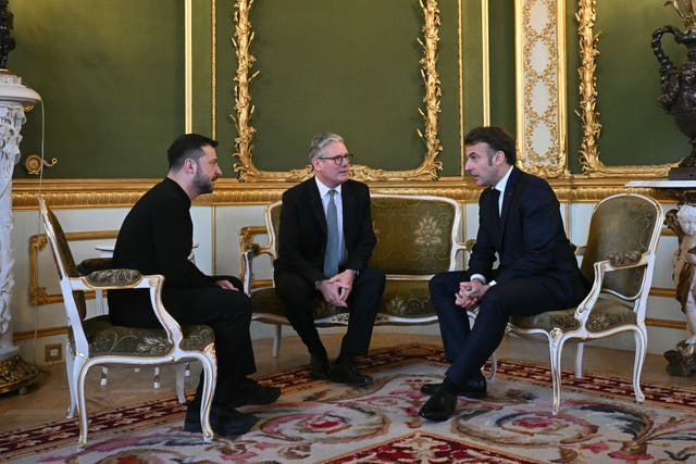 Ukraine’s President Volodymyr Zelensky, Prime Minister Sir Keir Starmer and France’s President Emmanuel Macron (Justin Tallis/PA)