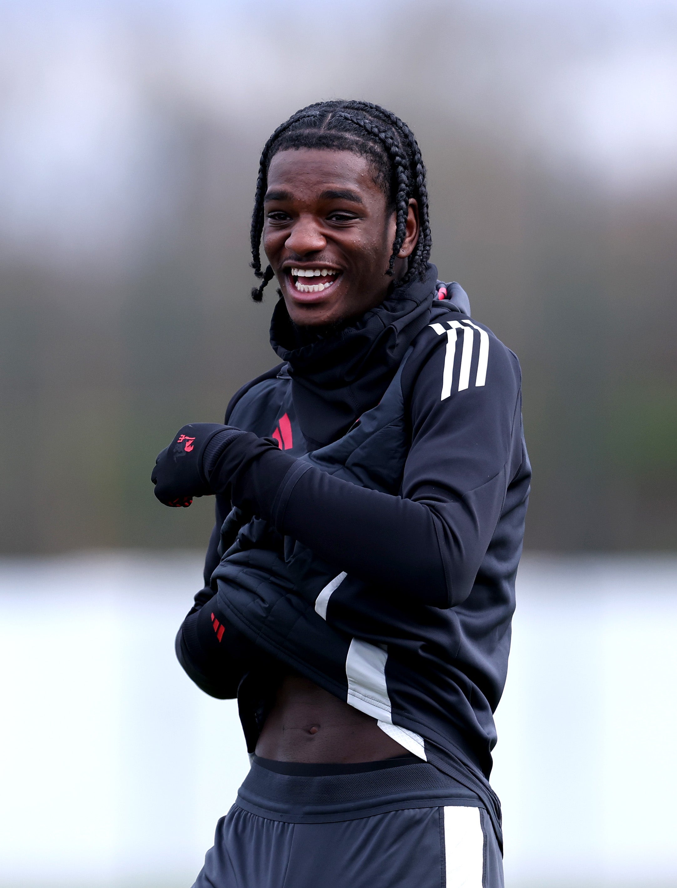 Ayden Heaven of Manchester United looks on during training