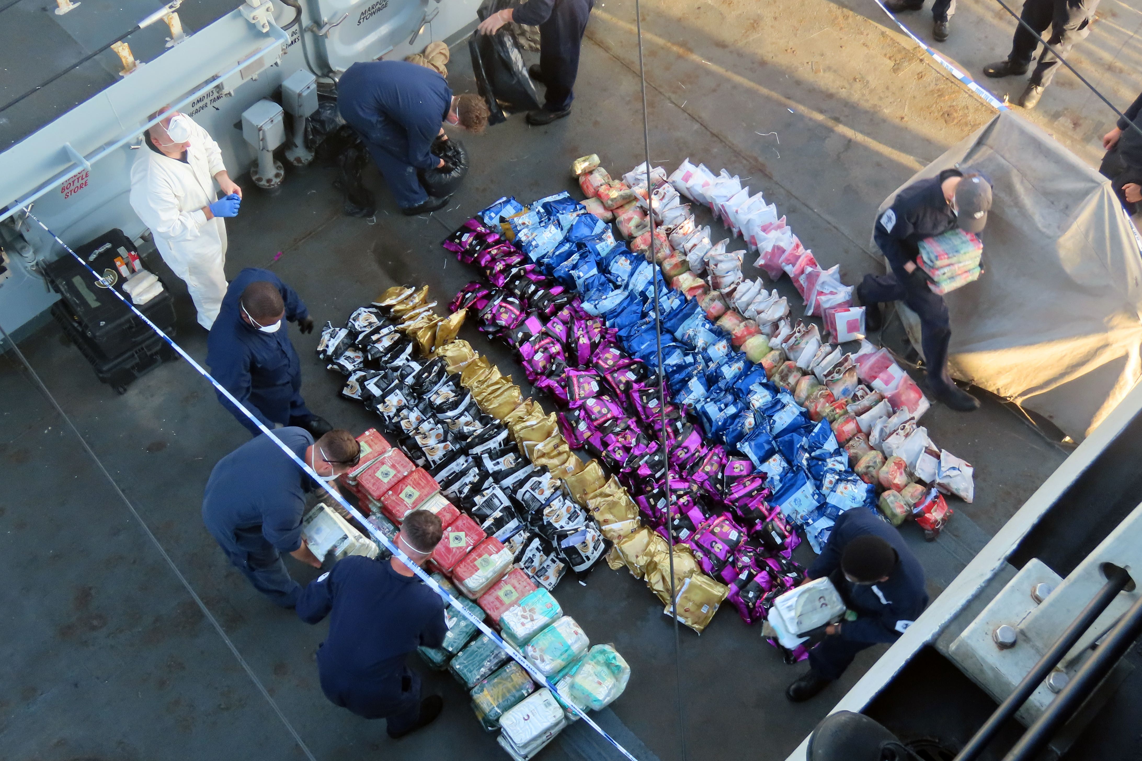 The crew of HMS Lancaster after they seized heroin and methamphetamines worth £5.4 million from drug smugglers in the Arabian Sea (Lt Nathan Boal/PA)