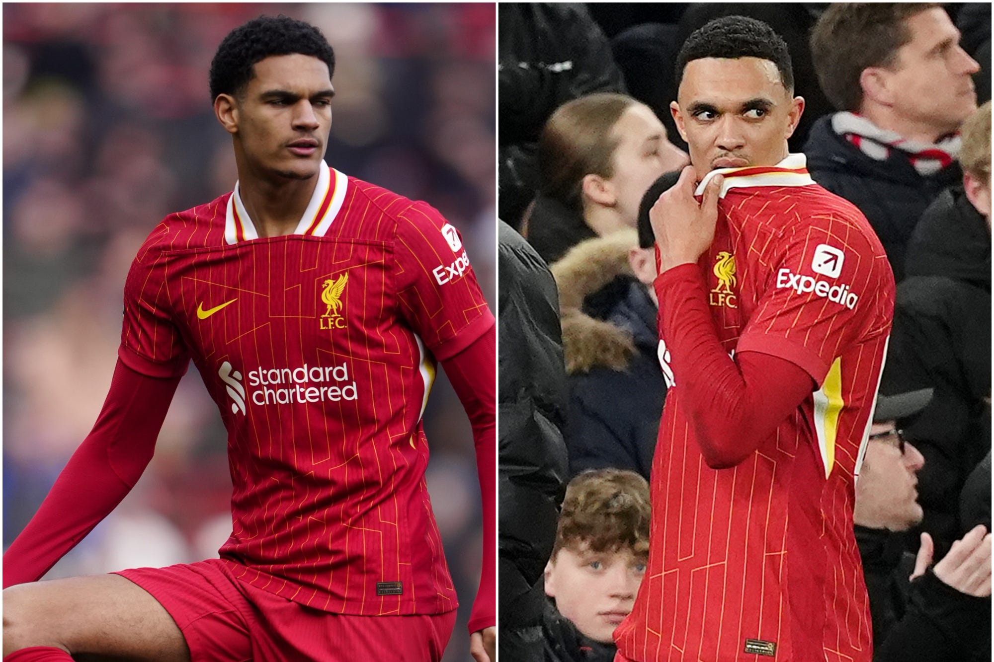 Jarell Quansah, left, is set to fill in for Trent Alexander-Arnold at Wembley and beyond (Peter Byrne/Martin Rickett/PA)