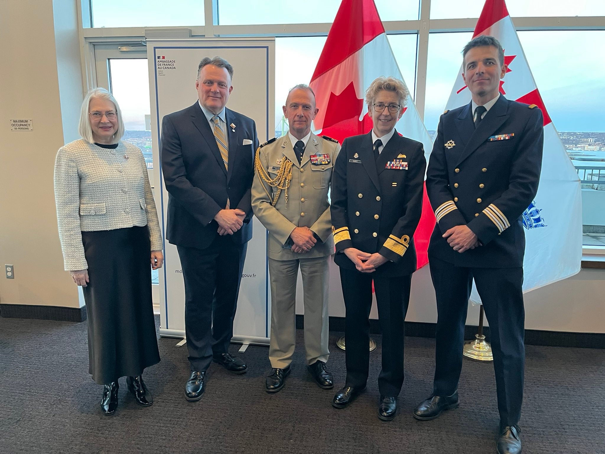 Lieutenant Governor Nova Scotia Mike Savage (second left) welcomed the FS Tourville crew after its transatlantic journey this week
