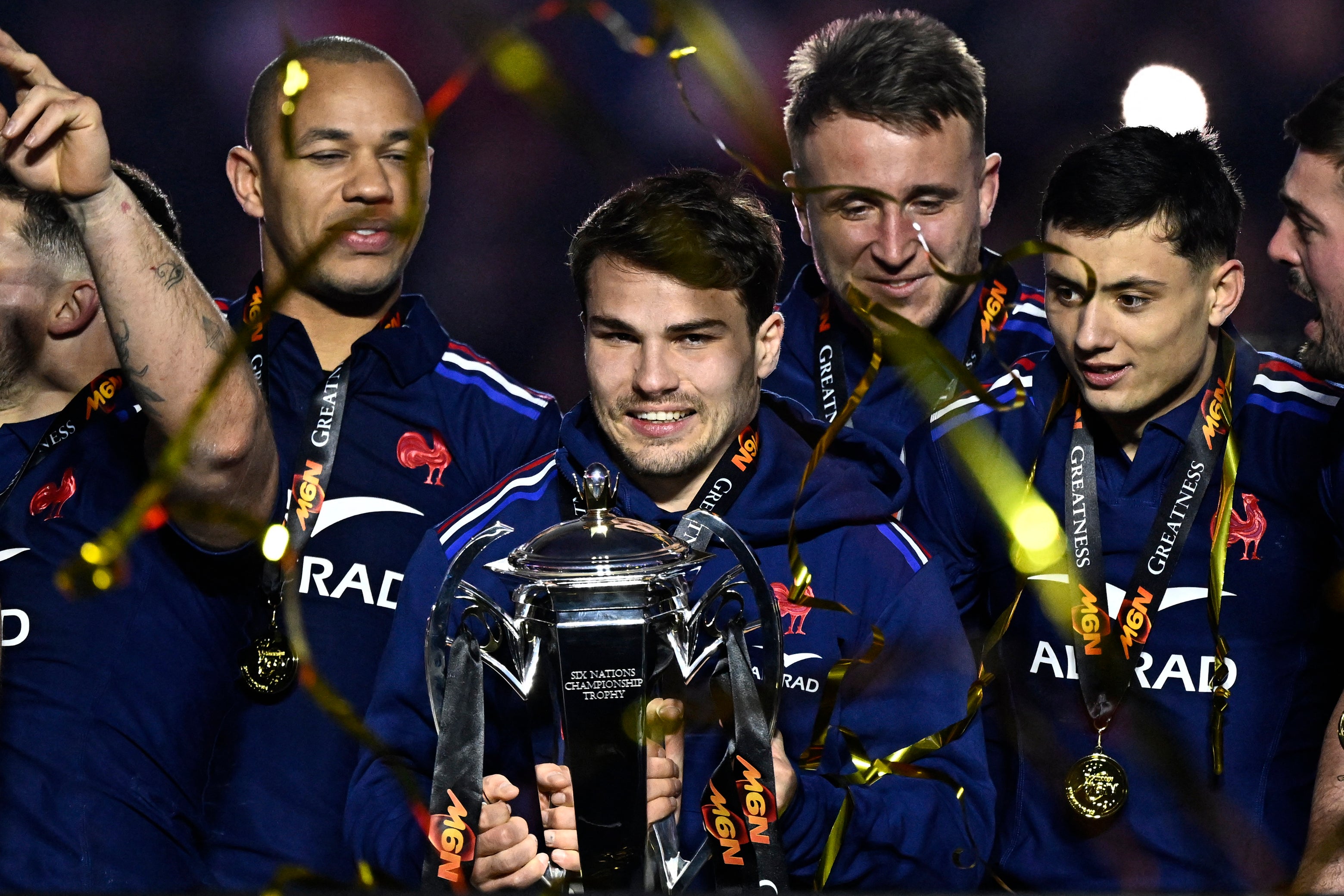 <p>France celebrate in Paris after winning the Six Nations on Saturday</p>