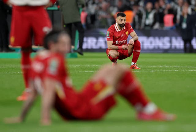 <p>Mohamed Salah reacts to defeat at the final whistle</p>