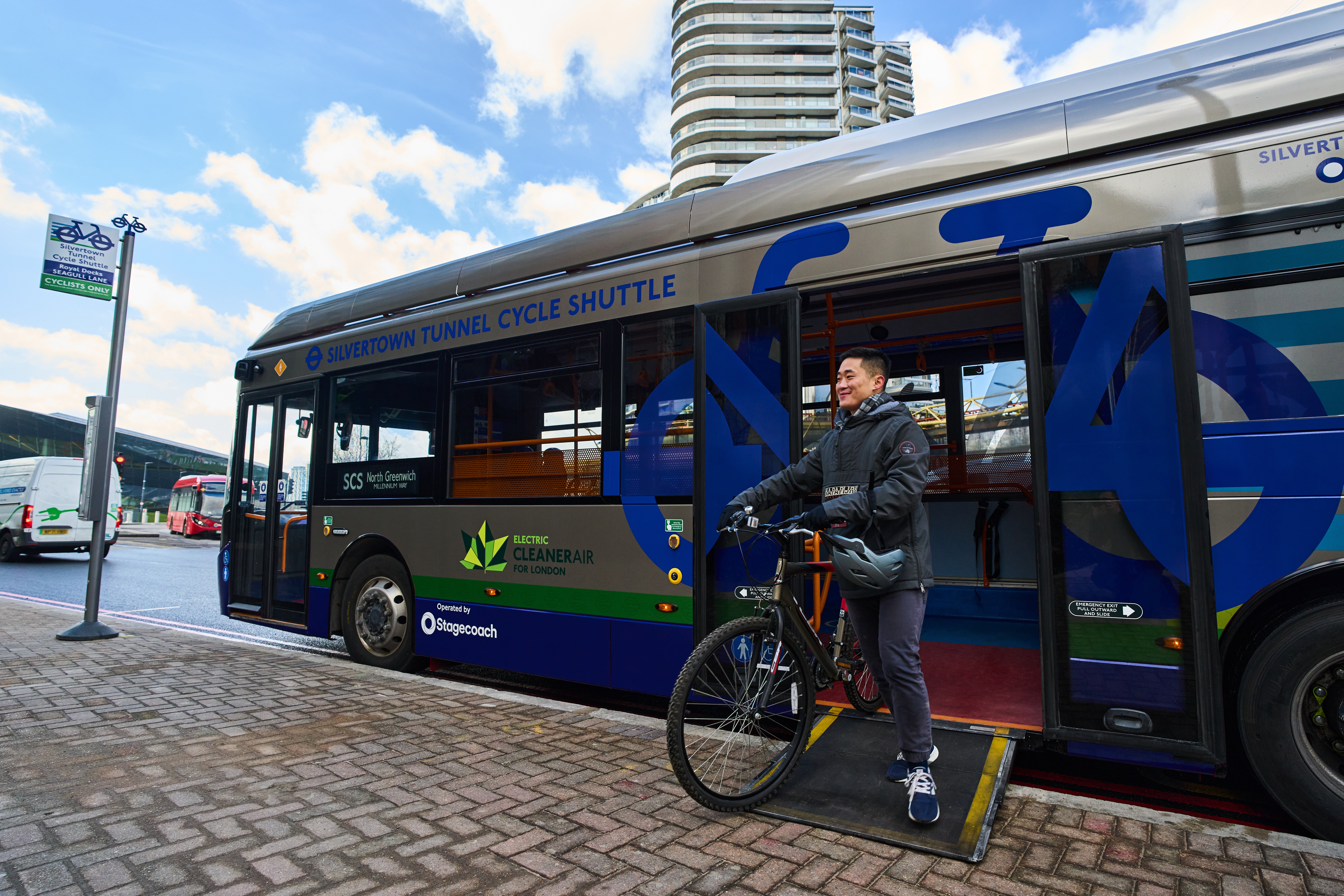 The buses will be free to use for cyclists only, and will have distinct silver and blue designs on its exterior