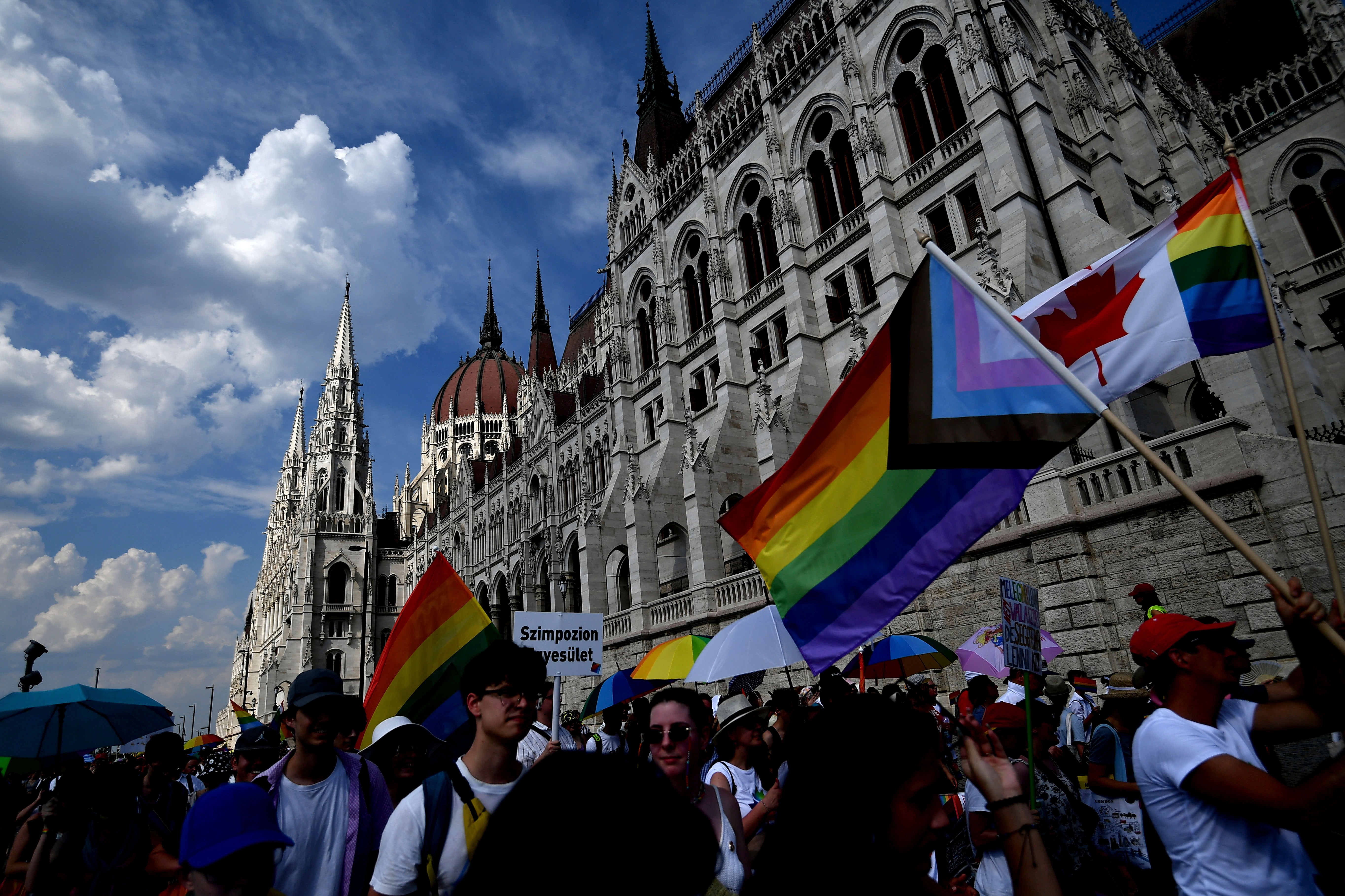 Members of the LGBTQ+ community and their allies march in the Budapest Pride parade in 2023