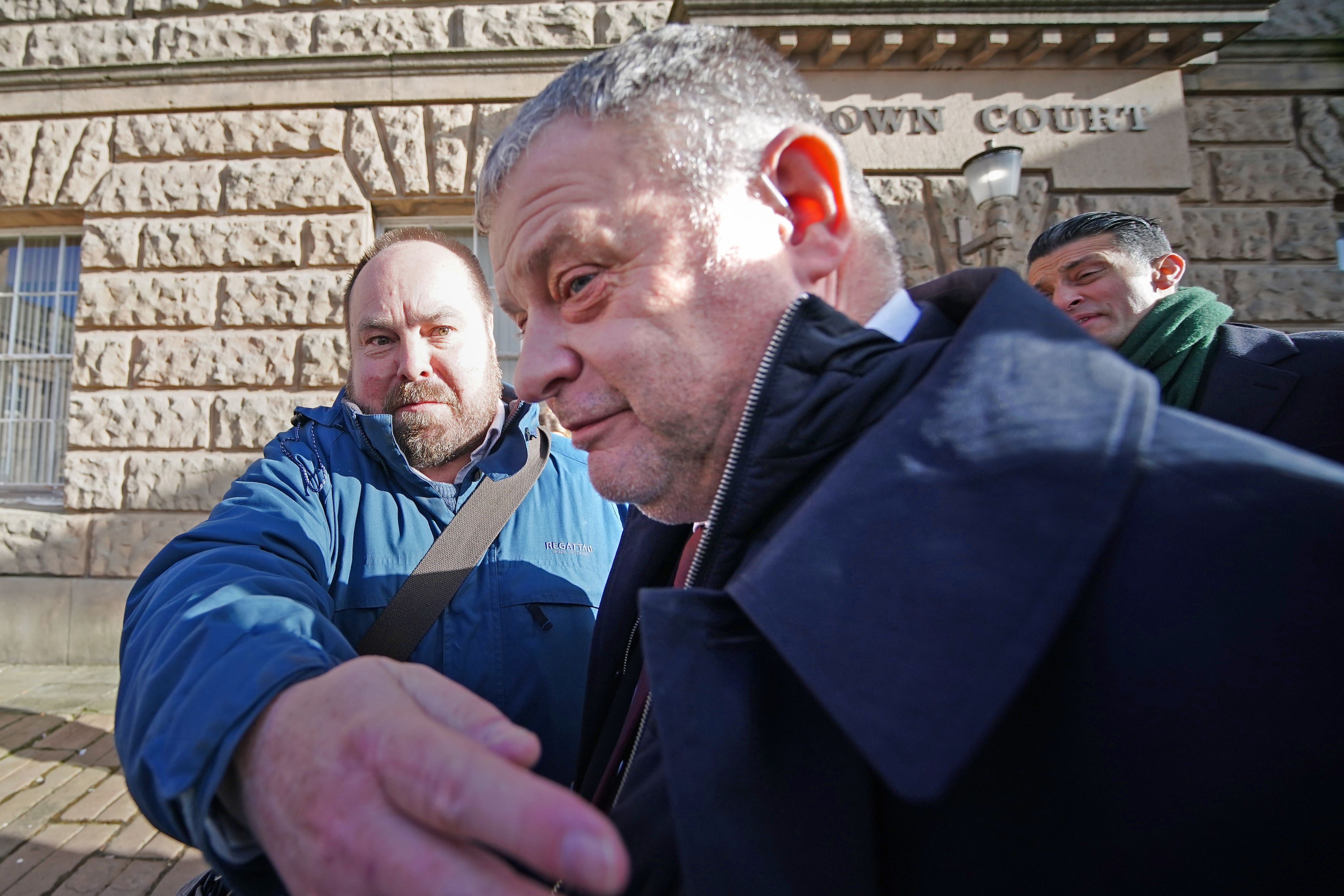 Mike Amesbury (centre) leaving Chester Crown Court after he had his 10-week prison sentence for assault suspended for two years following an appeal (Peter Byrne/PA)