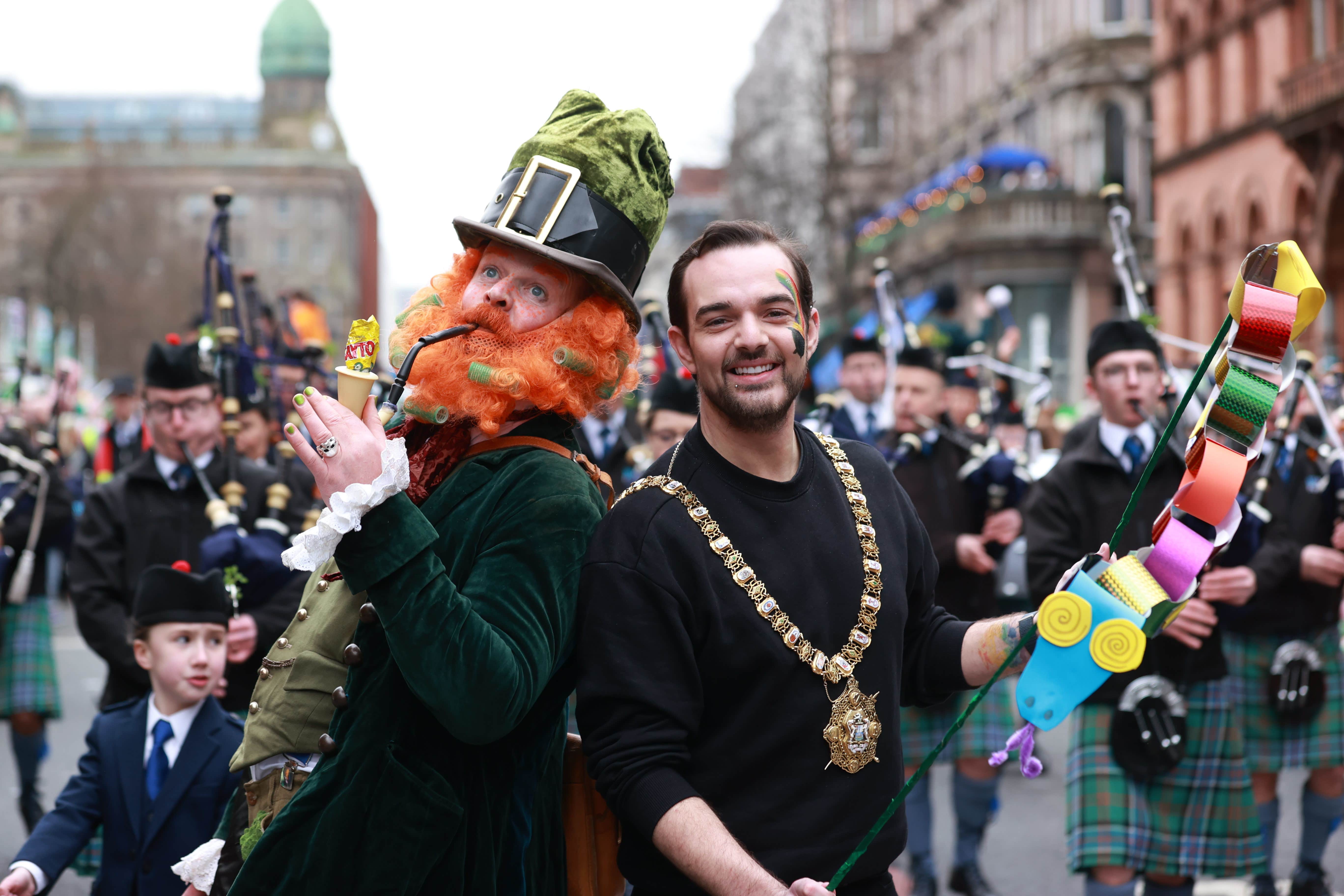 Lord Mayor of Belfast Micky Murray taking part in the St Patrick’s Day Parade in Belfast (Liam McBurney/PA)