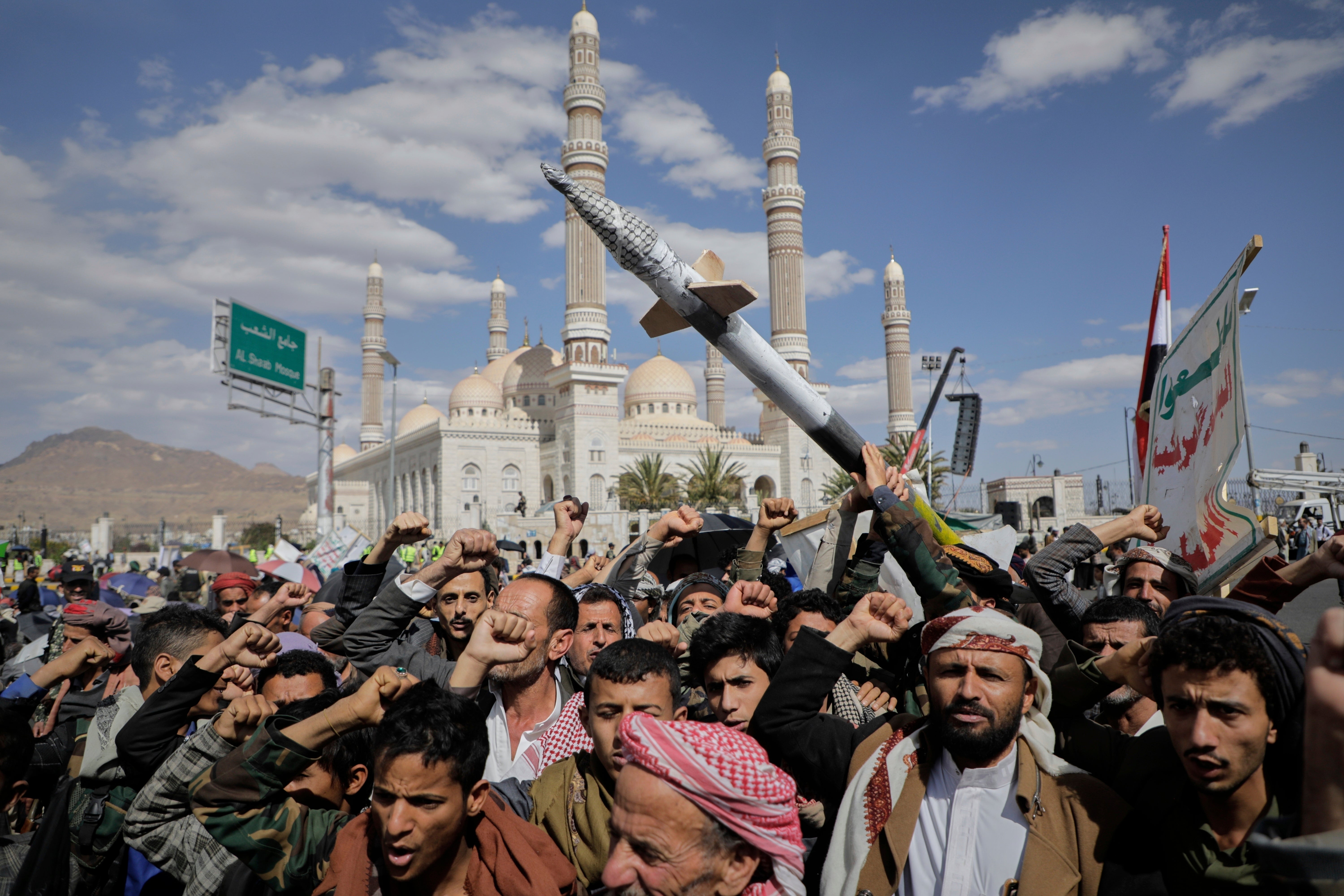 Houthi supporters protest against the US and Israel in Sana'a, Yemen, in March 2025