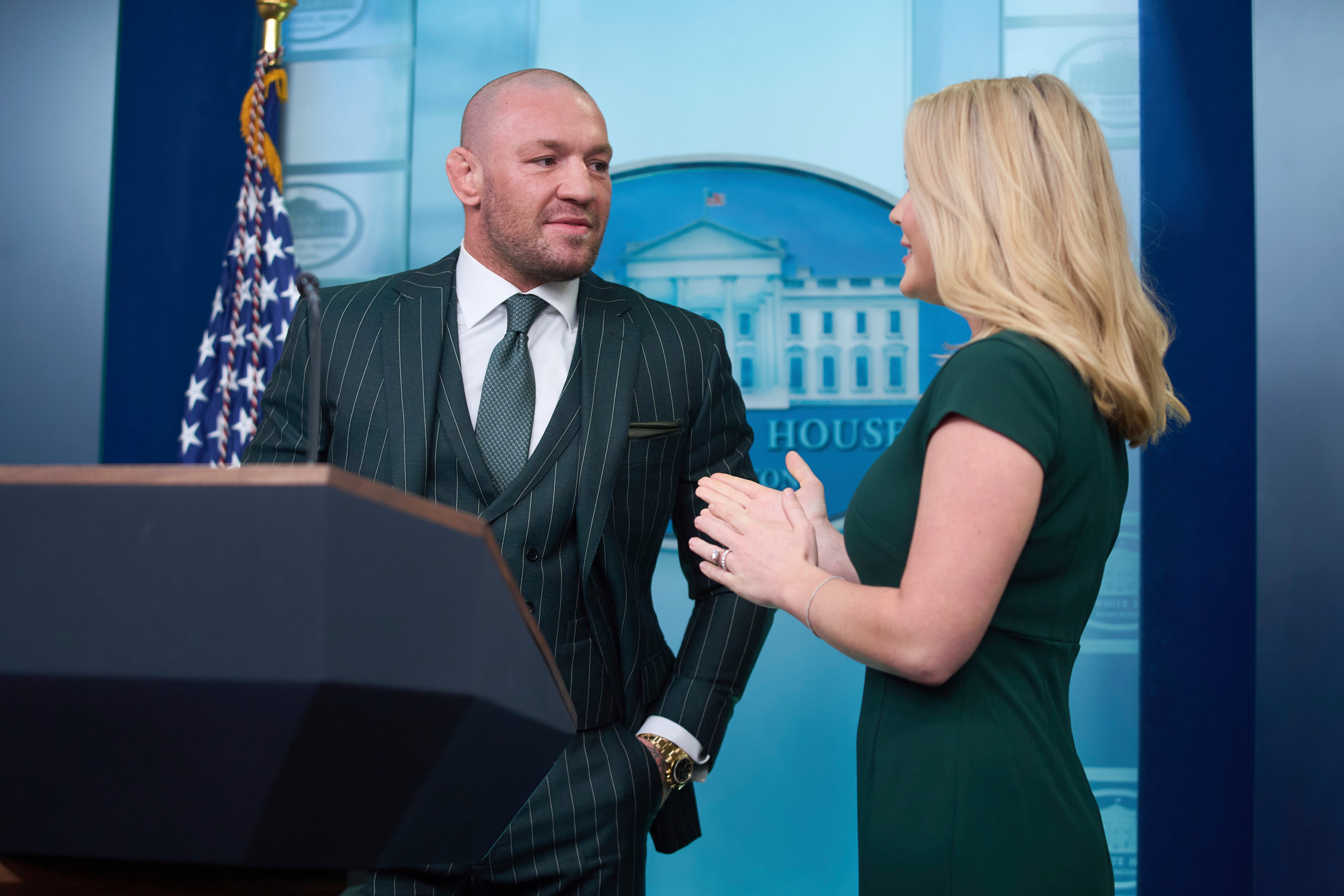 Conor McGregor in the White House press briefing room with press secretary Karoline Leavitt