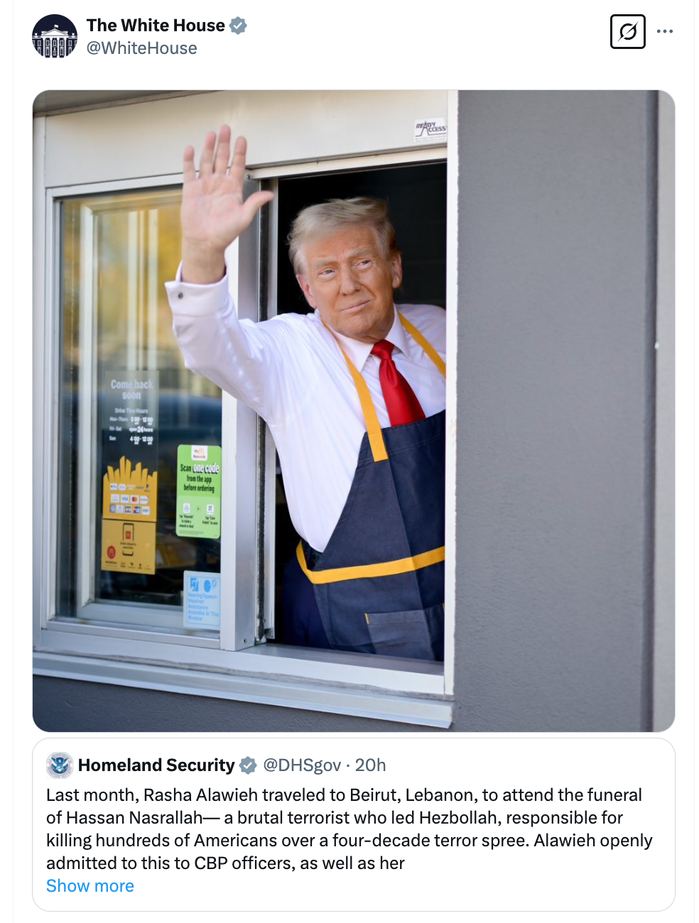 The White House shared a post on X mocking Ivy League Dr. Rasha Alawieh, who was deported to Lebanon over the weekend. The administration’s official account shared the photo of Trump waving in the drive-thru window of the McDonald’s.
