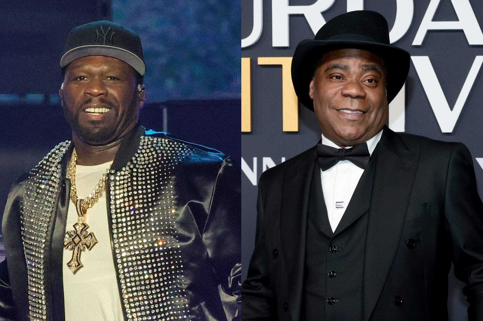 50 Cent (left) mocked actor Tracy Morgan with a photo of him vomiting at the New York Knicks game on Monday