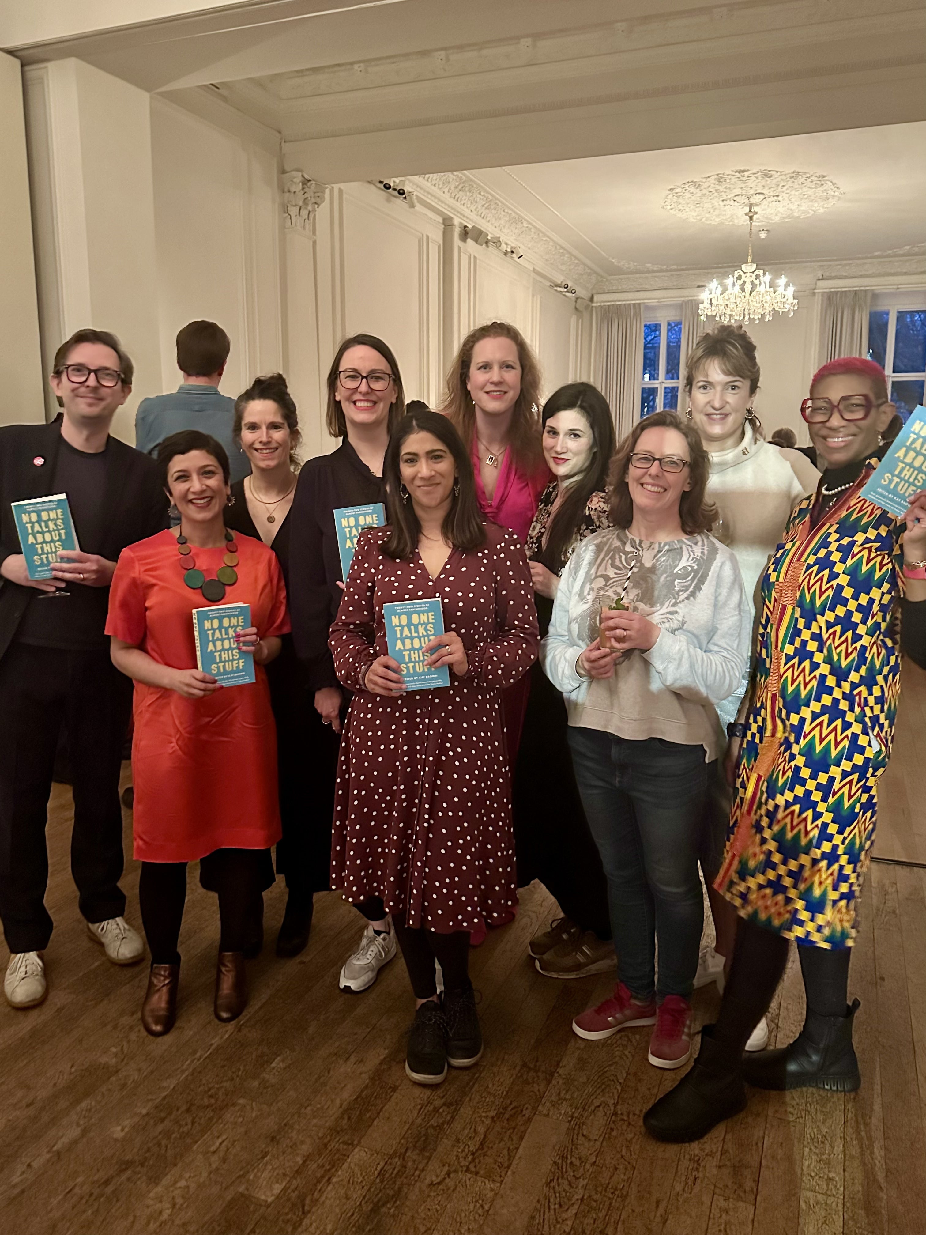 The author (back row, centre) and contributors to her anthology ‘No One Talks About This Stuff’