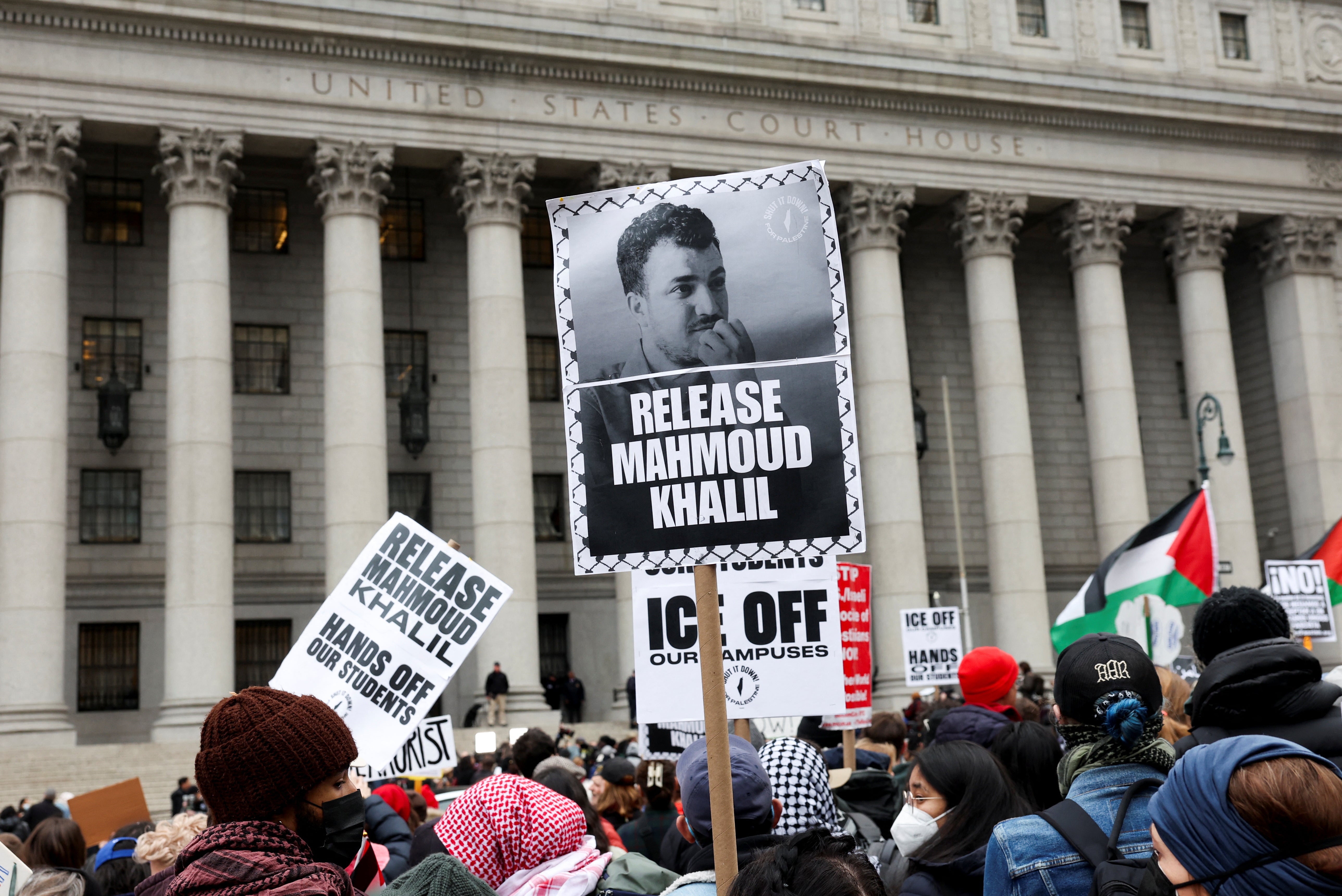 People demonstrate outside Thurgood Marshall United States Courthouse in New York, on the day of a hearing on the detention of Mahmoud Khalil