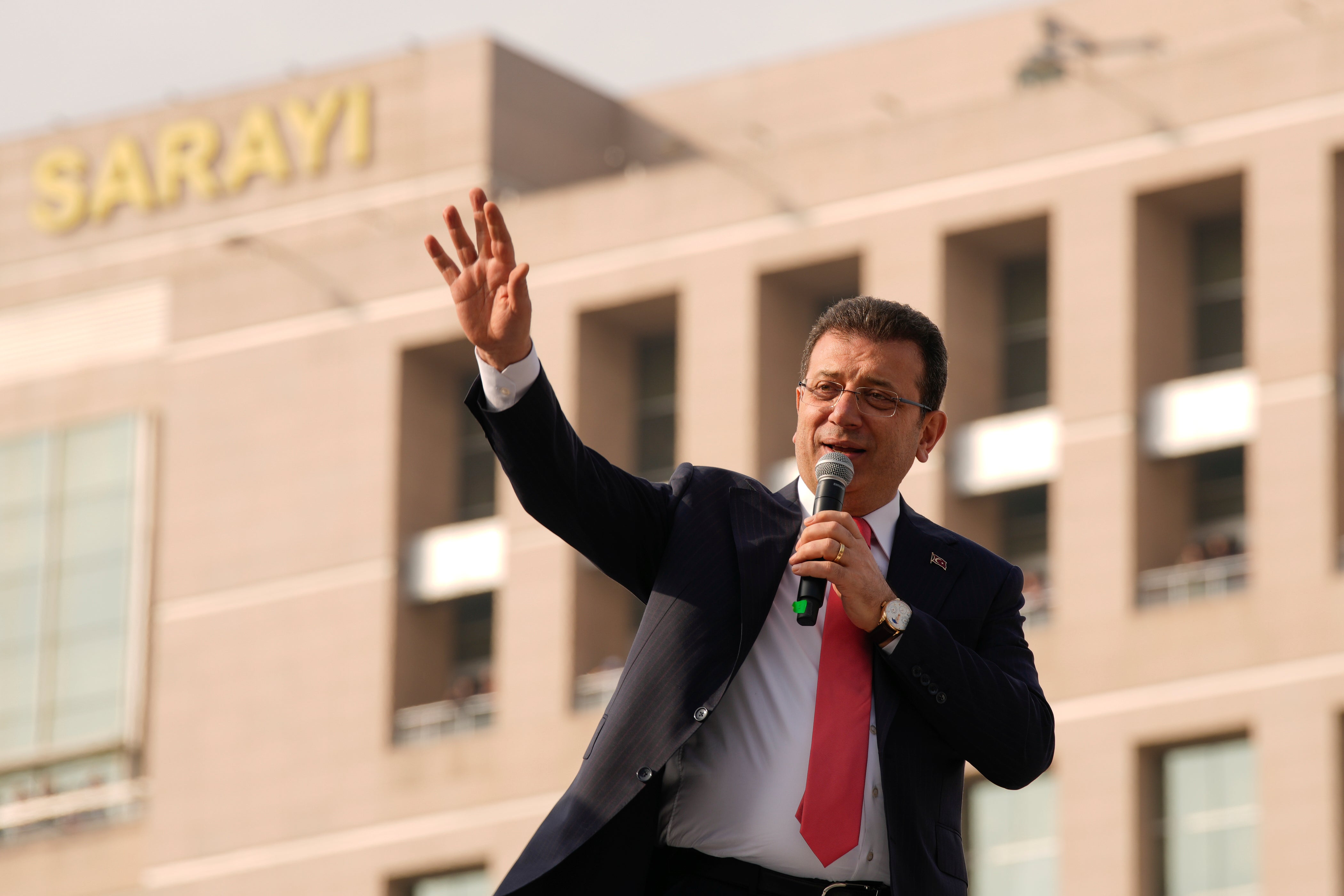 Istanbul’s mayor Ekrem Imamoglu addresses his supporters in front of the Istanbul courthouse on 31 January
